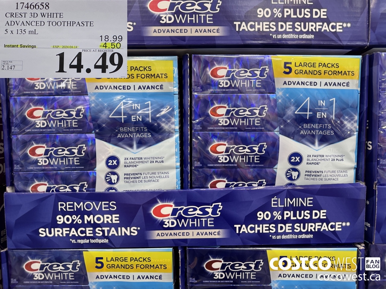 1746658 CREST 3D WHITE ADVANCED TOOTHPASTE 5 X 135ML ($4.50 INSTANT SAVINGS EXPIRES ON 2024-04-14) $14.49