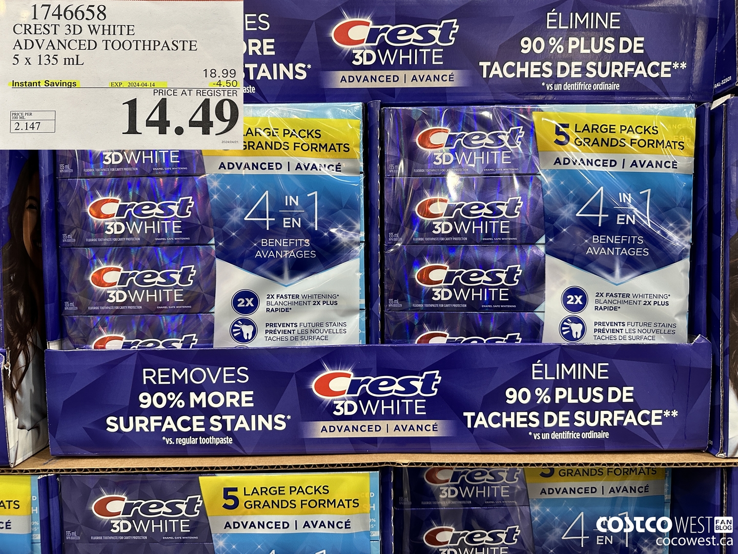 1746658 CREST 3D WHITE ADVANCED TOOTHPASTE 5 X 135ML ($4.50 INSTANT SAVINGS EXPIRES ON 2024-04-14) $14.49