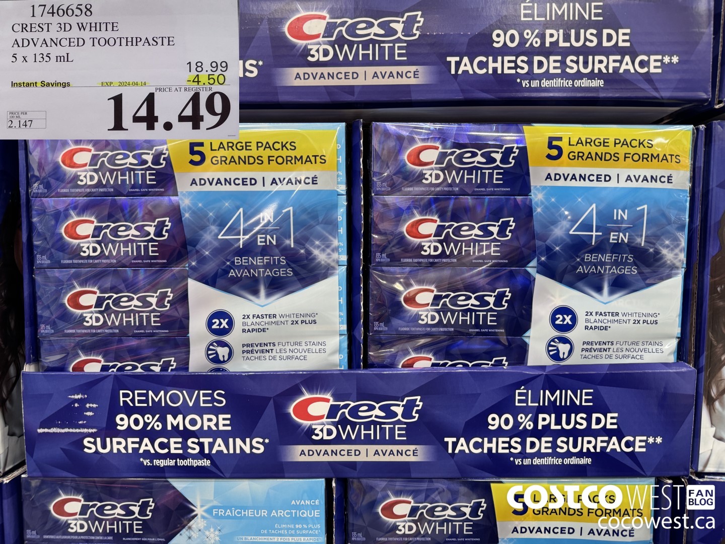 1746658 CREST 3D WHITE ADVANCED TOOTHPASTE 5 X 135ML ($4.50 INSTANT SAVINGS EXPIRES ON 2024-04-14) $14.49