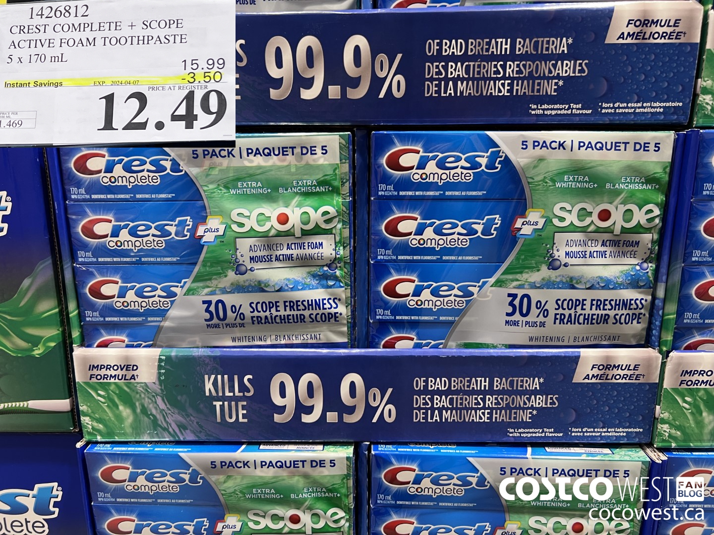 1426812 CREST COMPLETE + SCOPE ACTIVE FOAM TOOTHPASTE 5 x 170ml  ($3.50 INSTANT SAVINGS EXPIRES ON 2024-04-07) $12.49