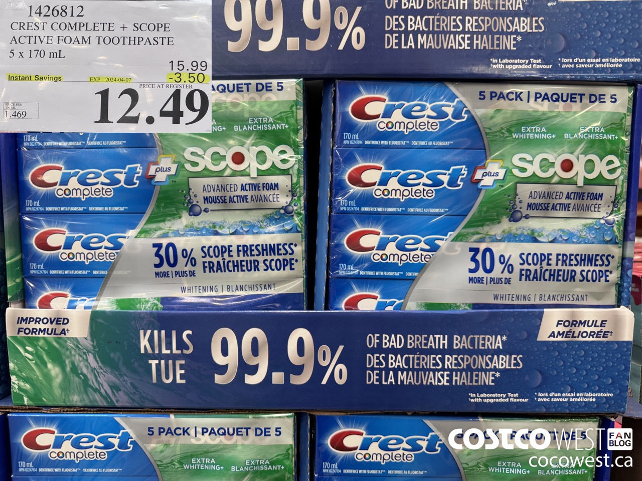 1426812 CREST COMPLETE + SCOPE ACTIVE FOAM TOOTHPASTE 5 x 170ml  ($3.50 INSTANT SAVINGS EXPIRES ON 2024-04-07) $12.49
