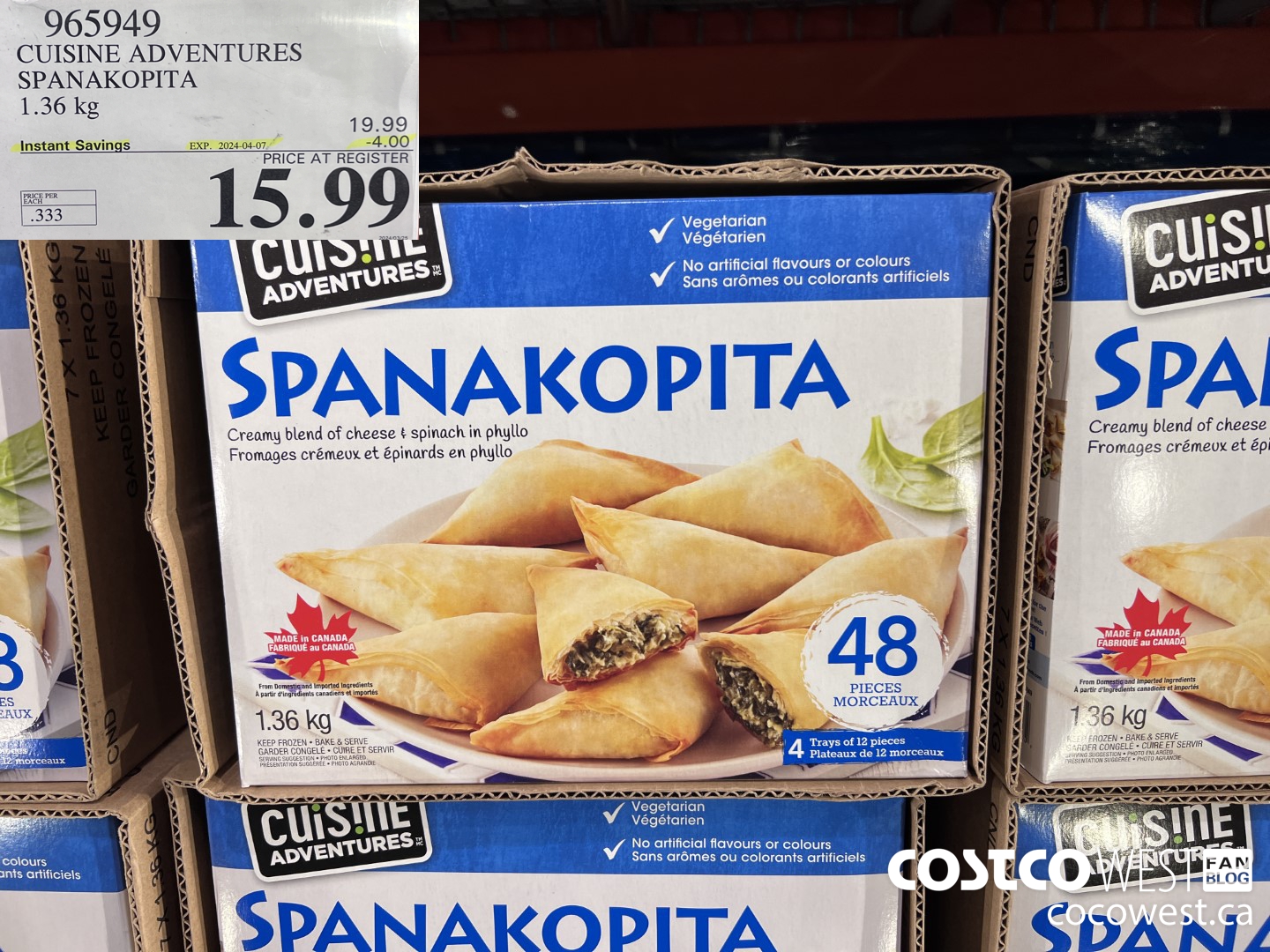 965949 CUISINE ADVENTURES SPANAKOPITA 1.36 kg ($4.00 INSTANT SAVINGS EXPIRES ON 2024-04-07) $15.99