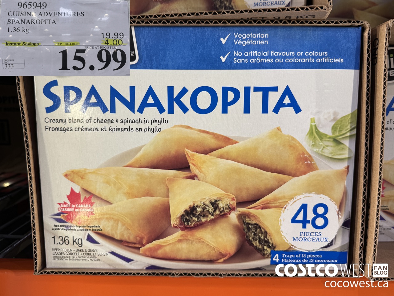 965949 CUISINE ADVENTURES SPANAKOPITA 1.36 kg ($4.00 INSTANT SAVINGS EXPIRES ON 2024-04-07) $15.99