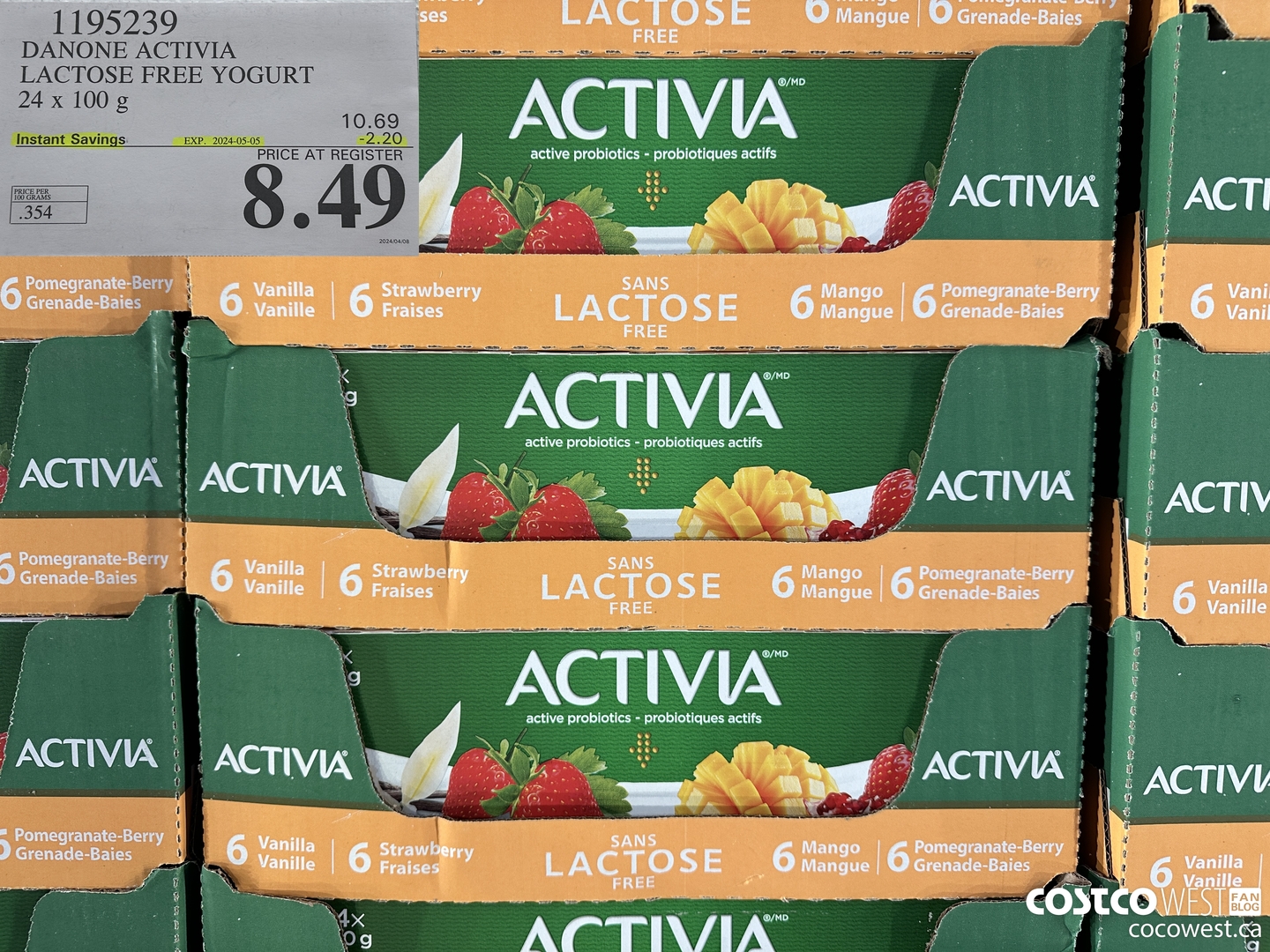 1195239 DANONE ACTIVIA LACTOSE FREE YOGURT 24 x 100 g ($2.20 INSTANT SAVINGS EXPIRES ON 2024-05-05) $8.49