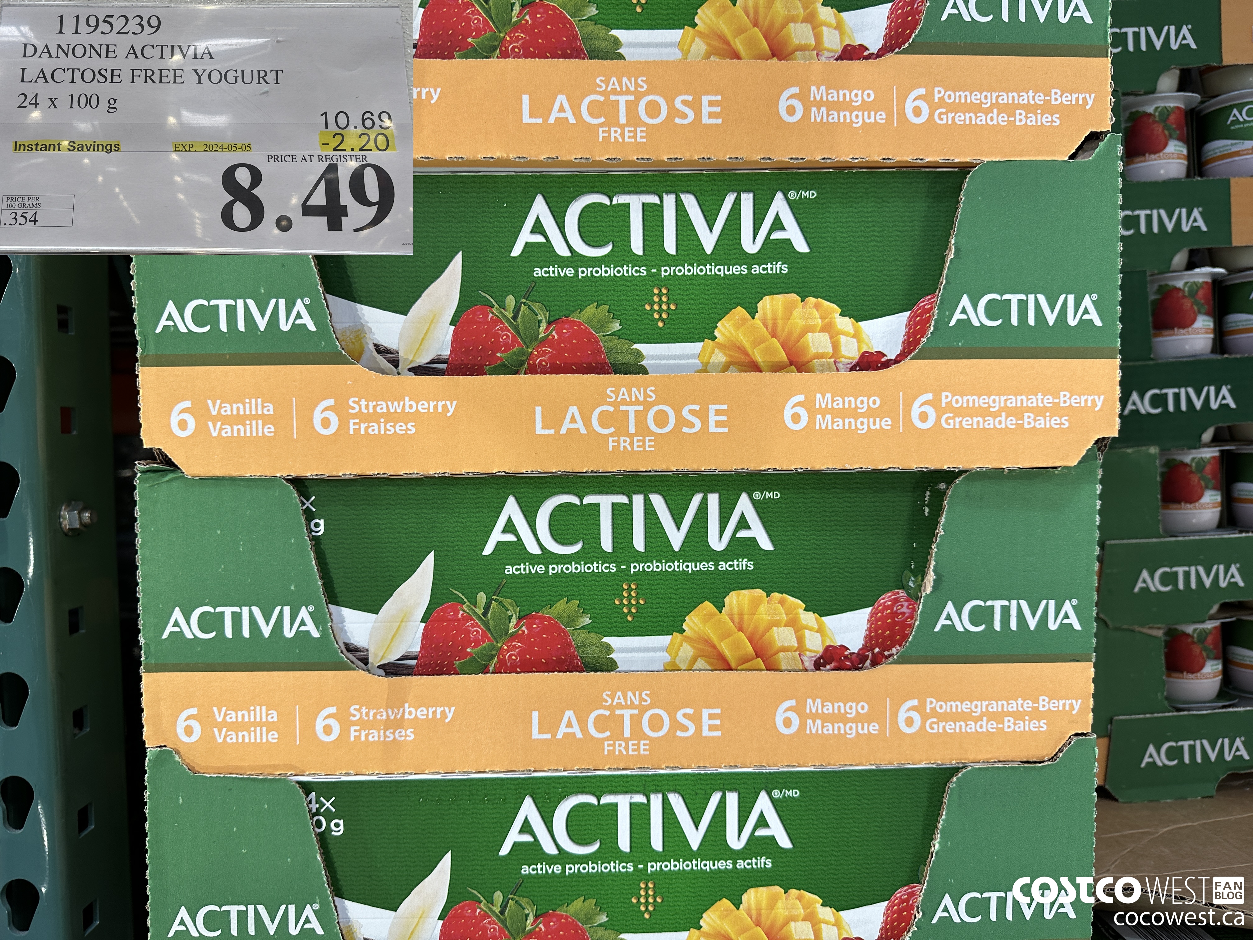 1195239 DANONE ACTIVIA LACTOSE FREE YOGURT 24 x 100 g ($2.20 INSTANT SAVINGS EXPIRES ON 2024-05-05) $8.49