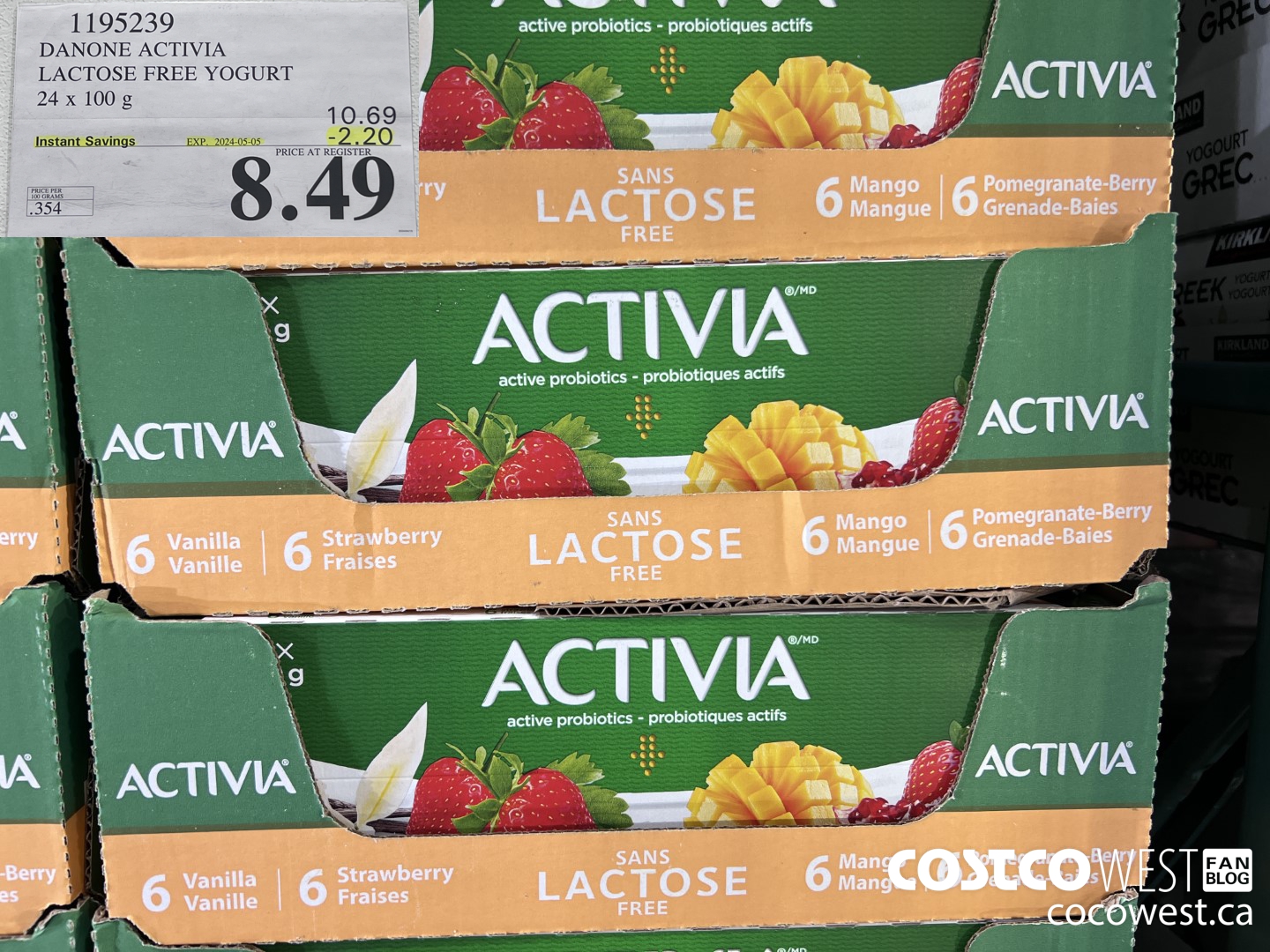 1195239 DANONE ACTIVIA LACTOSE FREE YOGURT 24 x 100 g ($2.20 INSTANT SAVINGS EXPIRES ON 2024-05-05) $8.49