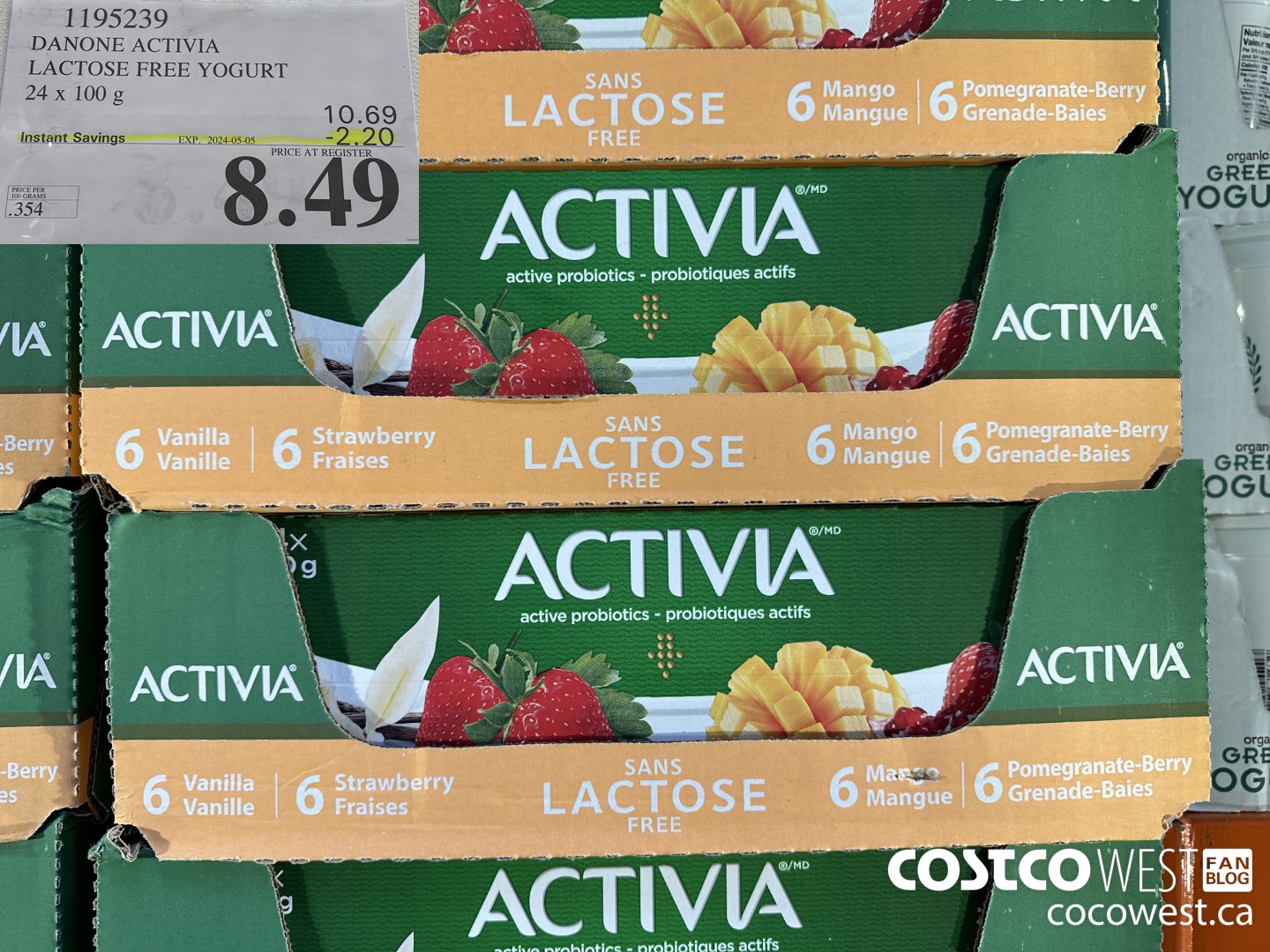 1195239 DANONE ACTIVIA LACTOSE FREE YOGURT 24 x 100 g ($2.20 INSTANT SAVINGS EXPIRES ON 2024-05-05) $8.49
