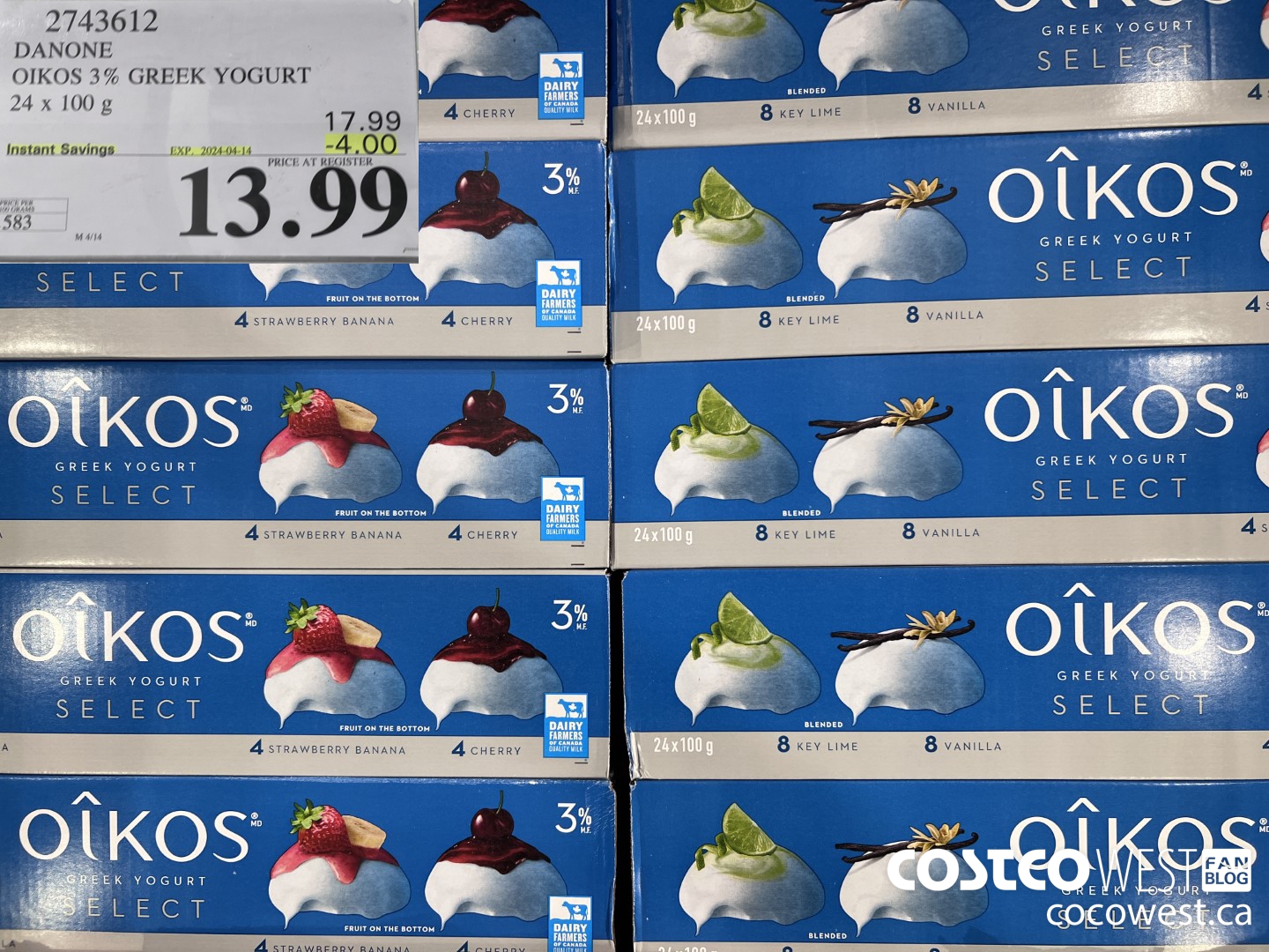 2743612 DANONE OIKOS 3% GREEK YOGURT 24 X 100 G ($4.00 INSTANT SAVINGS EXPIRES ON 2024-04-14) $13.99