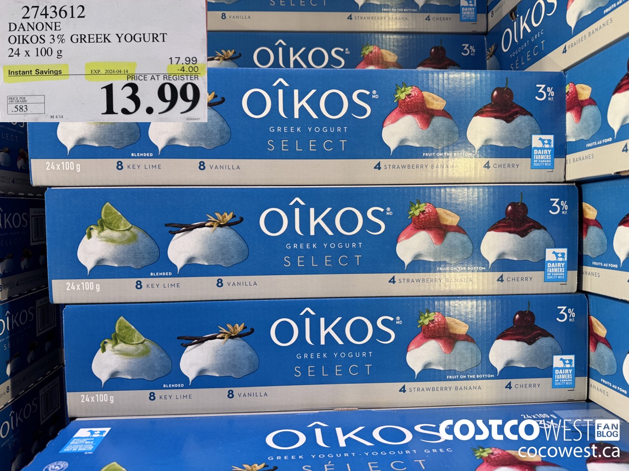 2743612 DANONE OIKOS 3% GREEK YOGURT 24 X 100 G ($4.00 INSTANT SAVINGS EXPIRES ON 2024-04-14) $13.99