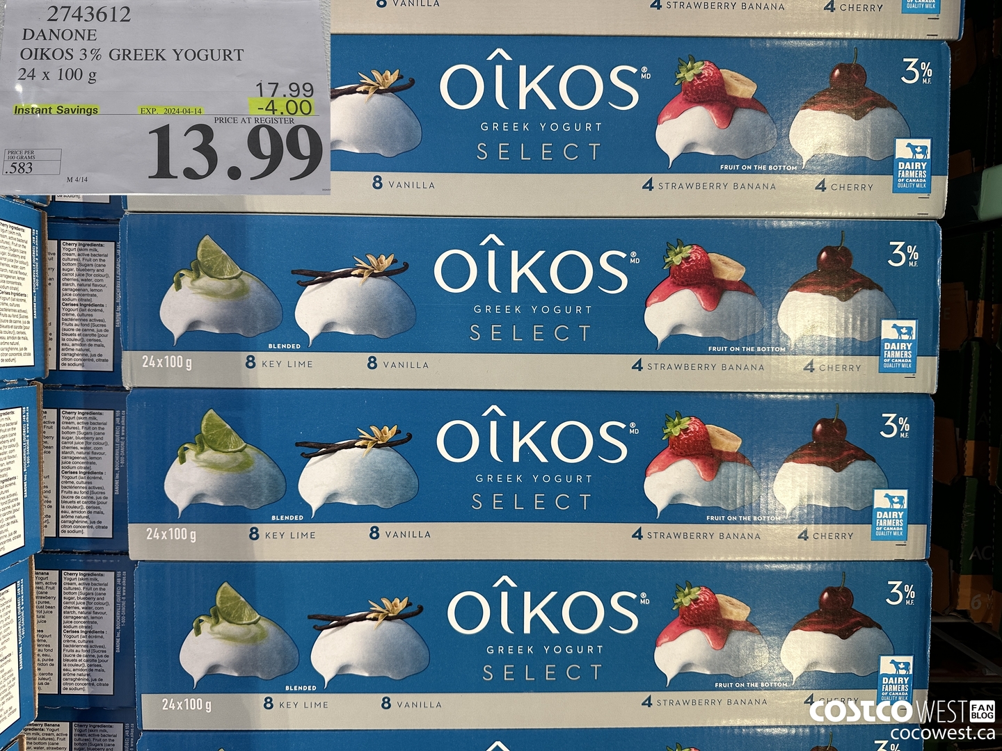 2743612 DANONE OIKOS 3% GREEK YOGURT 24 X 100 G ($4.00 INSTANT SAVINGS EXPIRES ON 2024-04-14) $13.99