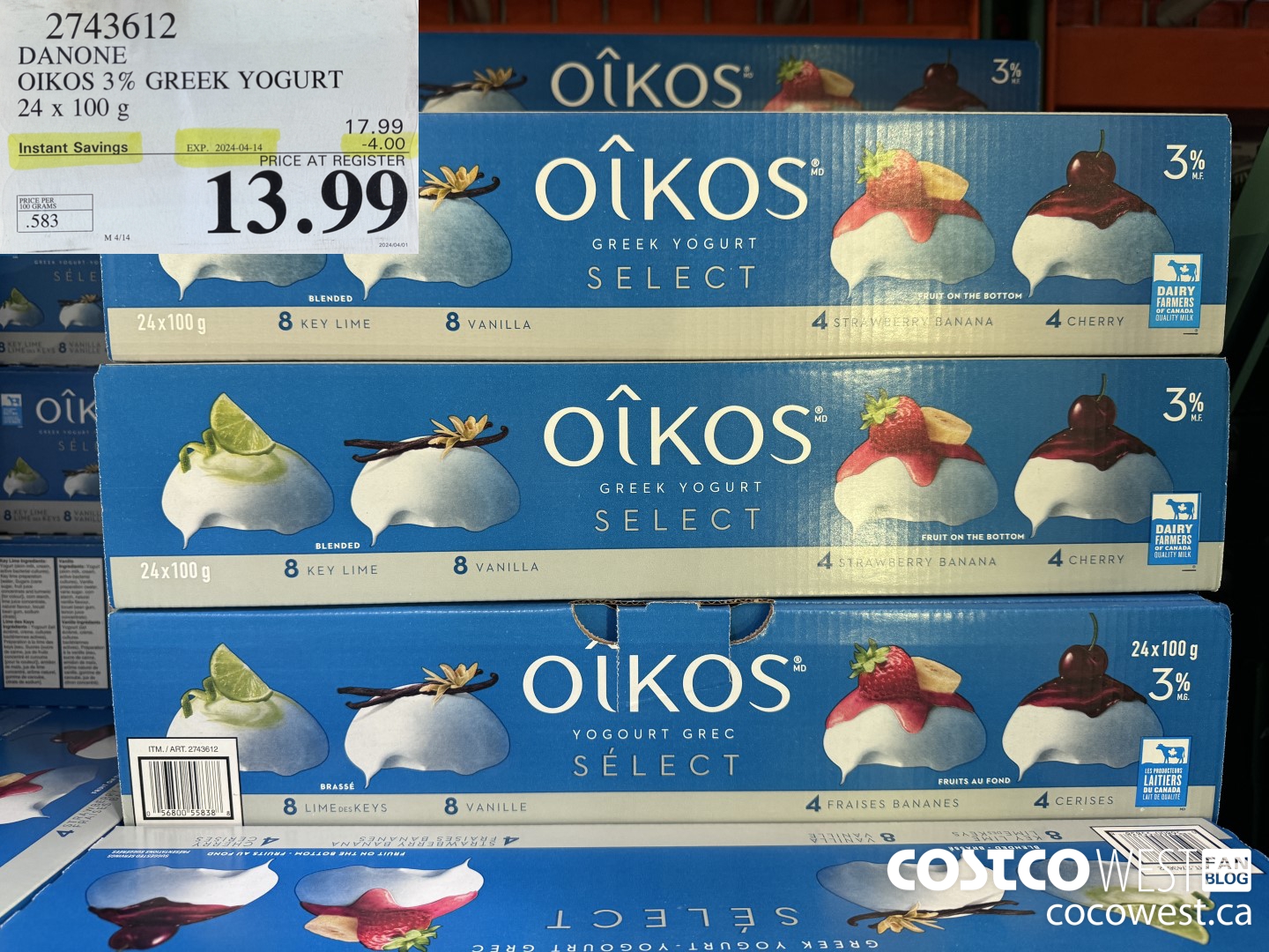 2743612 DANONE OIKOS 3% GREEK YOGURT 24 X 100 G ($4.00 INSTANT SAVINGS EXPIRES ON 2024-04-14) $13.99