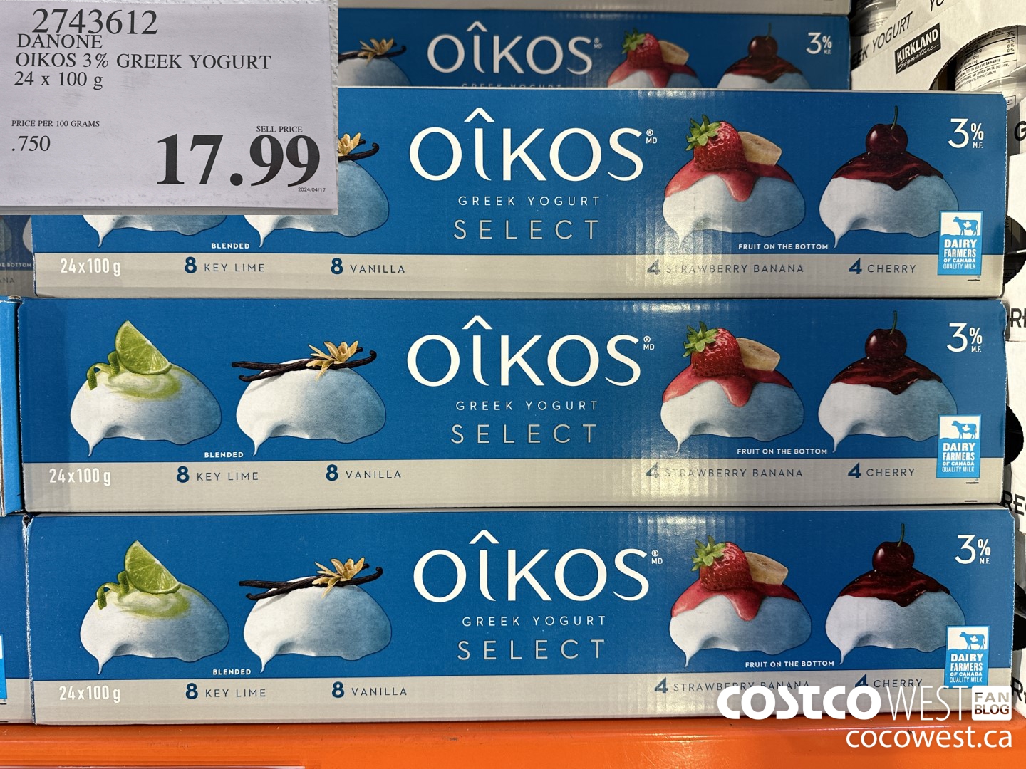 2743612 DANONE OIKOS 3% GREEK YOGURT 24 X 100 G $17.99