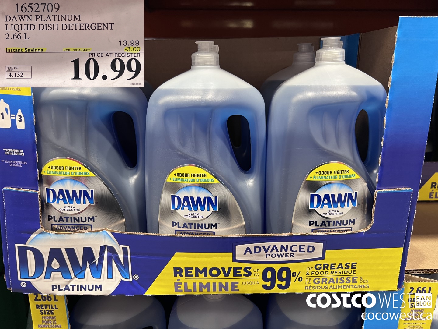 1652709 DAWN PLATINUM LIQUID DISH DETERGENT 2.66L ($3.00 INSTANT SAVINGS EXPIRES ON 2024-04-07) $10.99