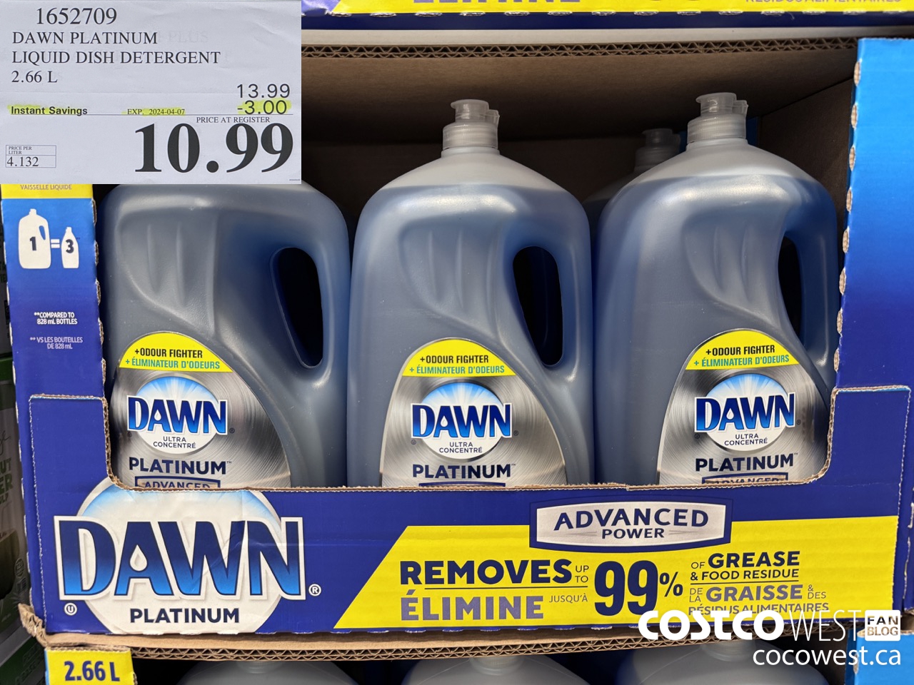 1652709 DAWN PLATINUM LIQUID DISH DETERGENT 2.66L ($3.00 INSTANT SAVINGS EXPIRES ON 2024-04-07) $10.99