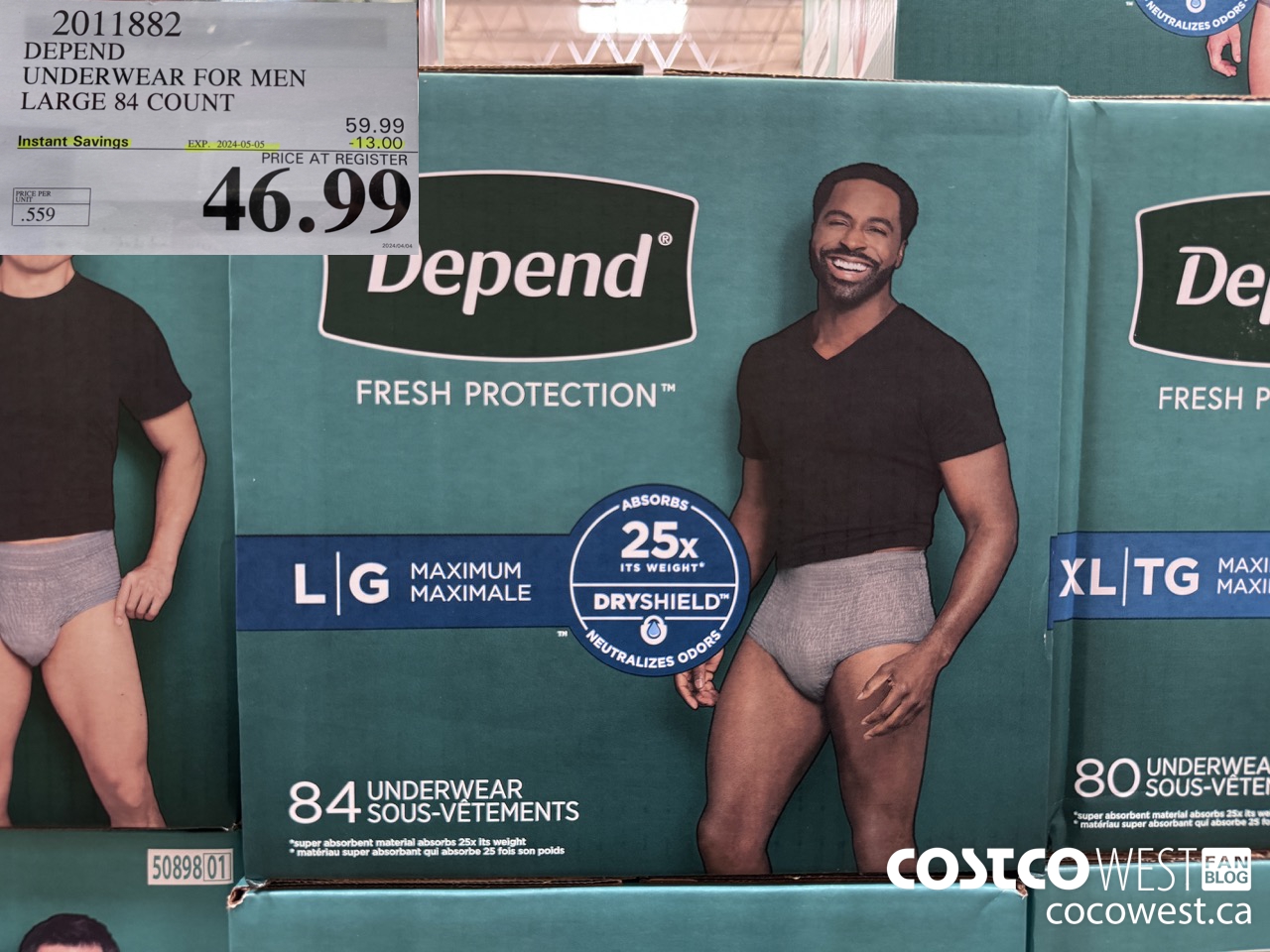 2011882 DEPEND UNDERWEAR FOR MEN LARGE 84 COUNT ($13.00 INSTANT SAVINGS EXPIRES ON 2024-05-05) $46.99