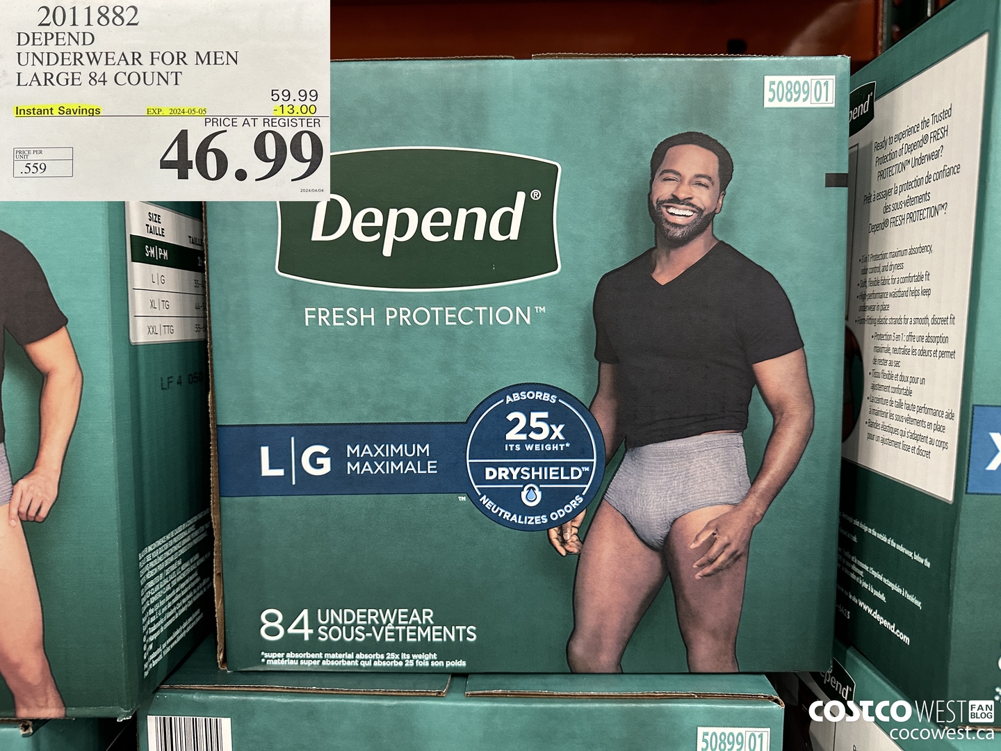 2011882 DEPEND UNDERWEAR FOR MEN LARGE 84 COUNT ($13.00 INSTANT SAVINGS EXPIRES ON 2024-05-05) $46.99