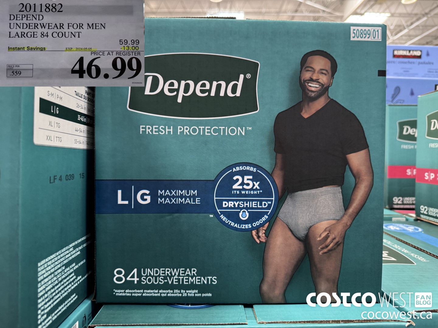 2011882 DEPEND UNDERWEAR FOR MEN LARGE 84 COUNT ($13.00 INSTANT SAVINGS EXPIRES ON 2024-05-05) $46.99