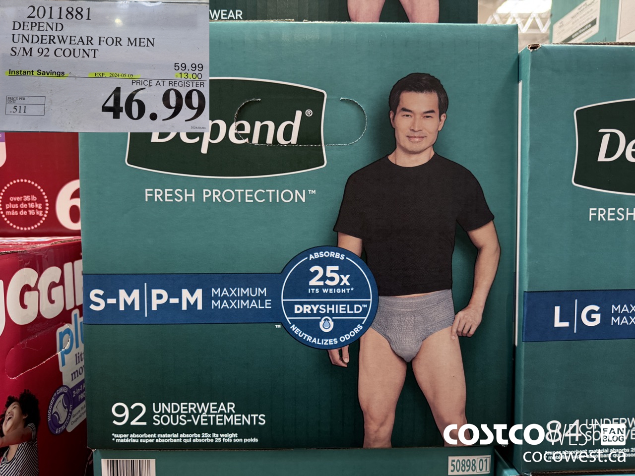 2011881 DEPEND UNDERWEAR FOR MEN S/M 92 COUNT ($13.00 INSTANT SAVINGS EXPIRES ON 2024-05-05) $46.99