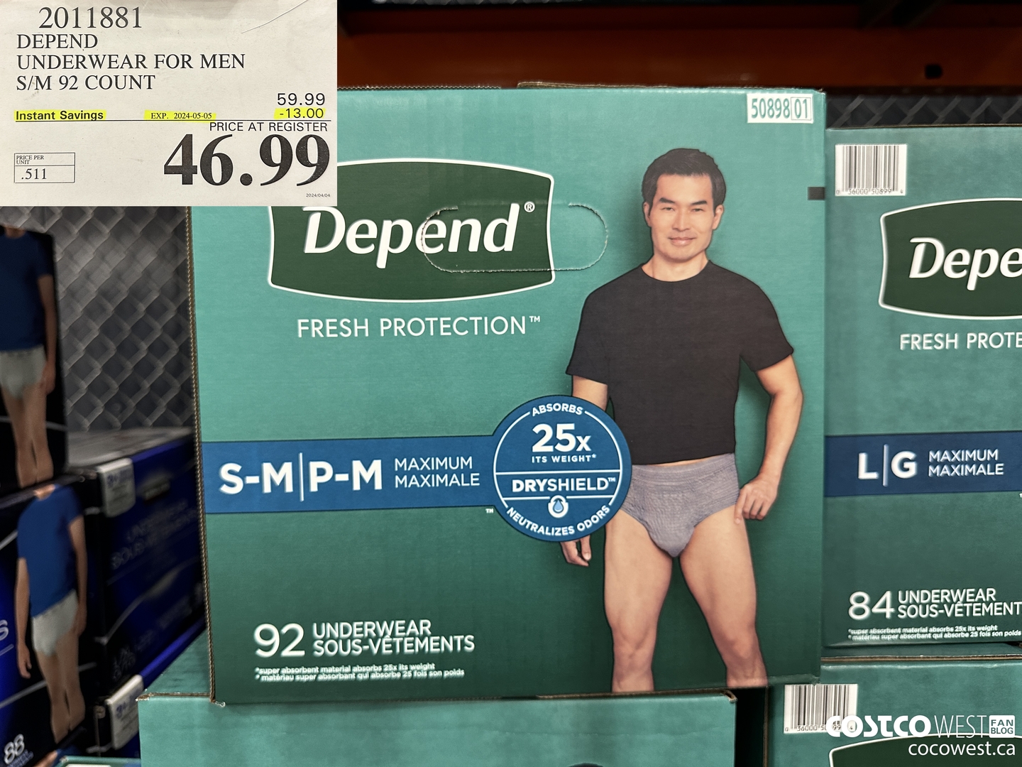 2011881 DEPEND UNDERWEAR FOR MEN S/M 92 COUNT ($13.00 INSTANT SAVINGS EXPIRES ON 2024-05-05) $46.99