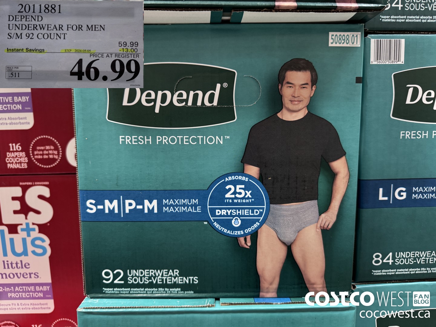 2011881 DEPEND UNDERWEAR FOR MEN S/M 92 COUNT ($13.00 INSTANT SAVINGS EXPIRES ON 2024-05-05) $46.99