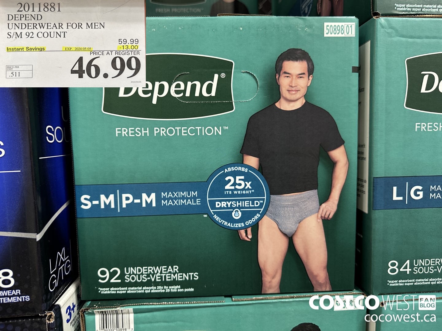 2011881 DEPEND UNDERWEAR FOR MEN S/M 92 COUNT ($13.00 INSTANT SAVINGS EXPIRES ON 2024-05-05) $46.99