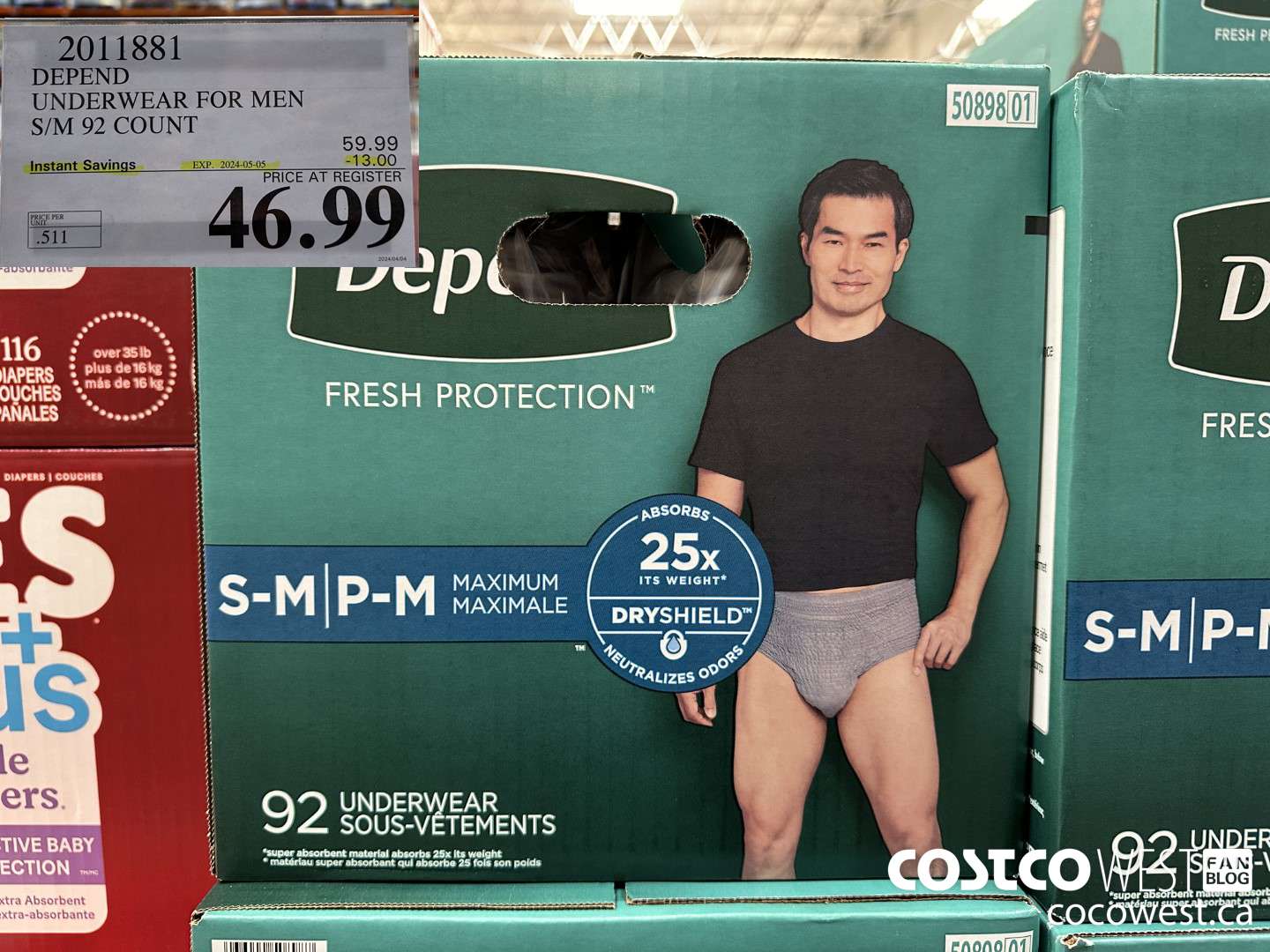 2011881 DEPEND UNDERWEAR FOR MEN S/M 92 COUNT ($13.00 INSTANT SAVINGS EXPIRES ON 2024-05-05) $46.99