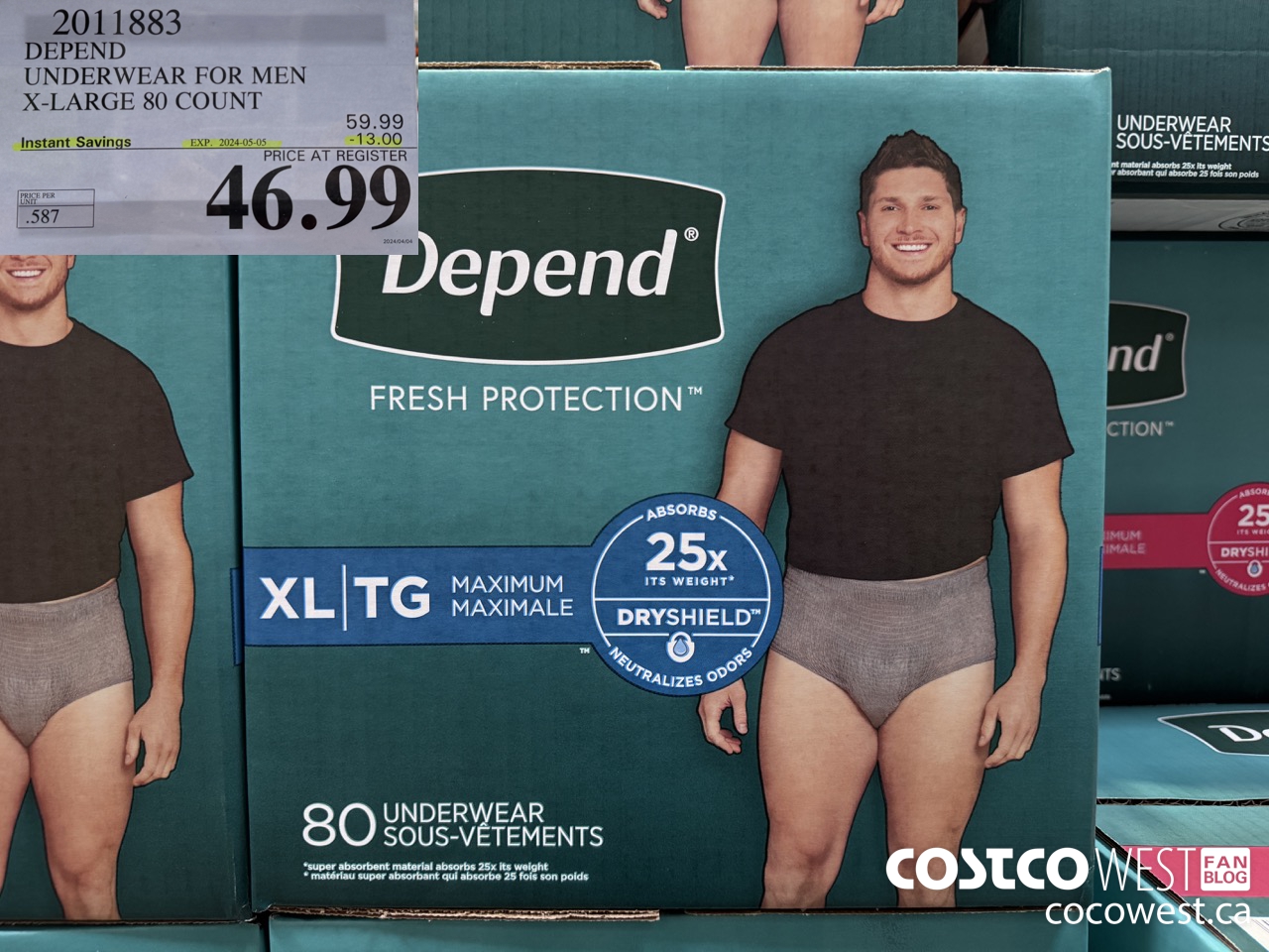 2011883 DEPEND UNDERWEAR FOR MEN X-LARGE 80 COUNT ($13.00 INSTANT SAVINGS EXPIRES ON 2024-05-05) $46.99