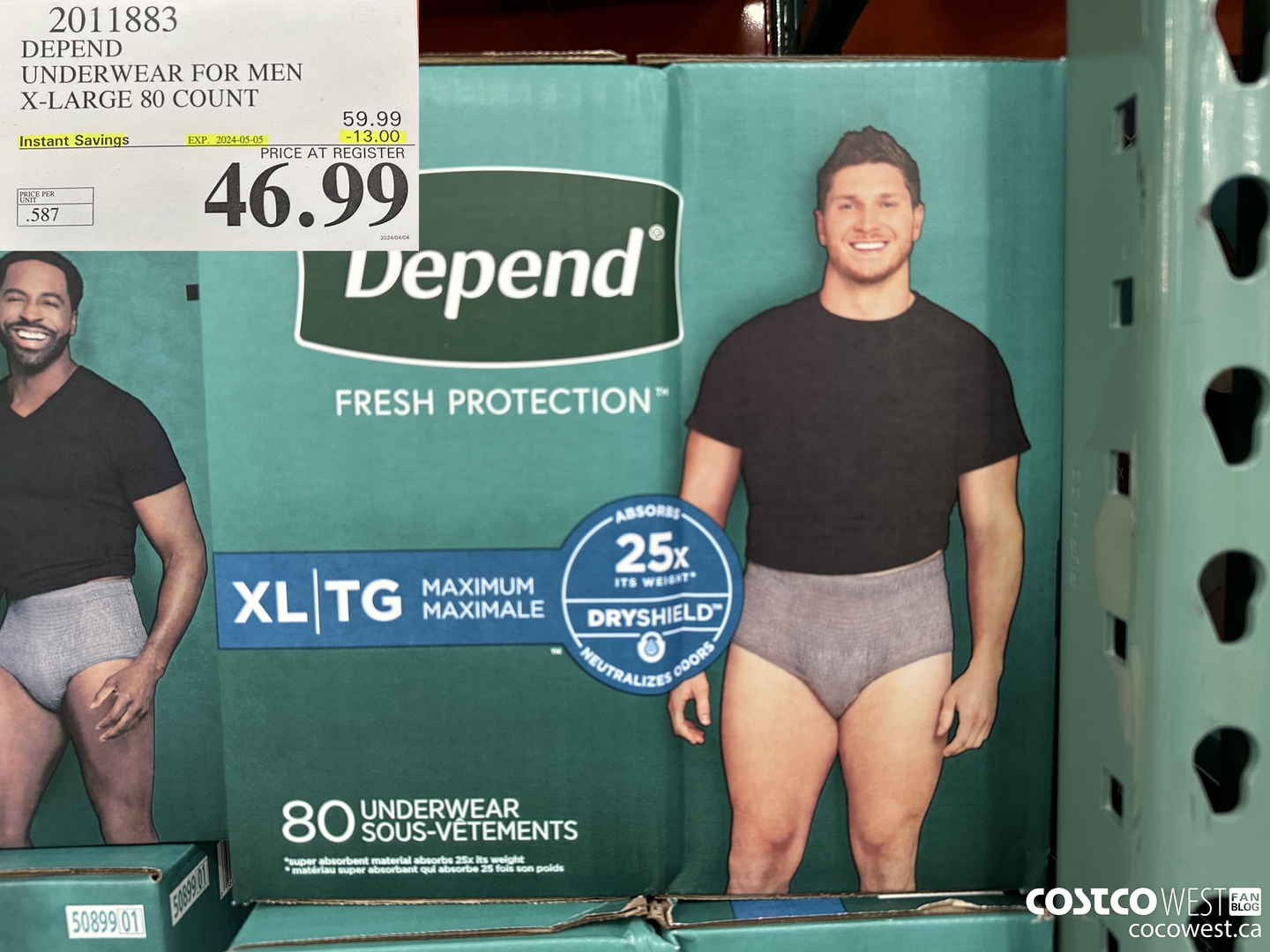 2011883 DEPEND UNDERWEAR FOR MEN X-LARGE 80 COUNT ($13.00 INSTANT SAVINGS EXPIRES ON 2024-05-05) $46.99