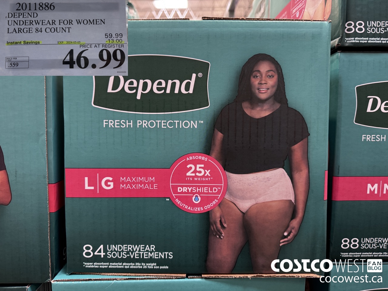 2011886 DEPEND UNDERWEAR FOR WOMEN LARGE 84 COUNT ($13.00 INSTANT SAVINGS EXPIRES ON 2024-05-05) $46.99