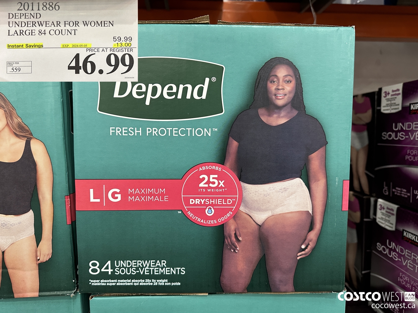 2011886 DEPEND UNDERWEAR FOR WOMEN LARGE 84 COUNT ($13.00 INSTANT SAVINGS EXPIRES ON 2024-05-05) $46.99