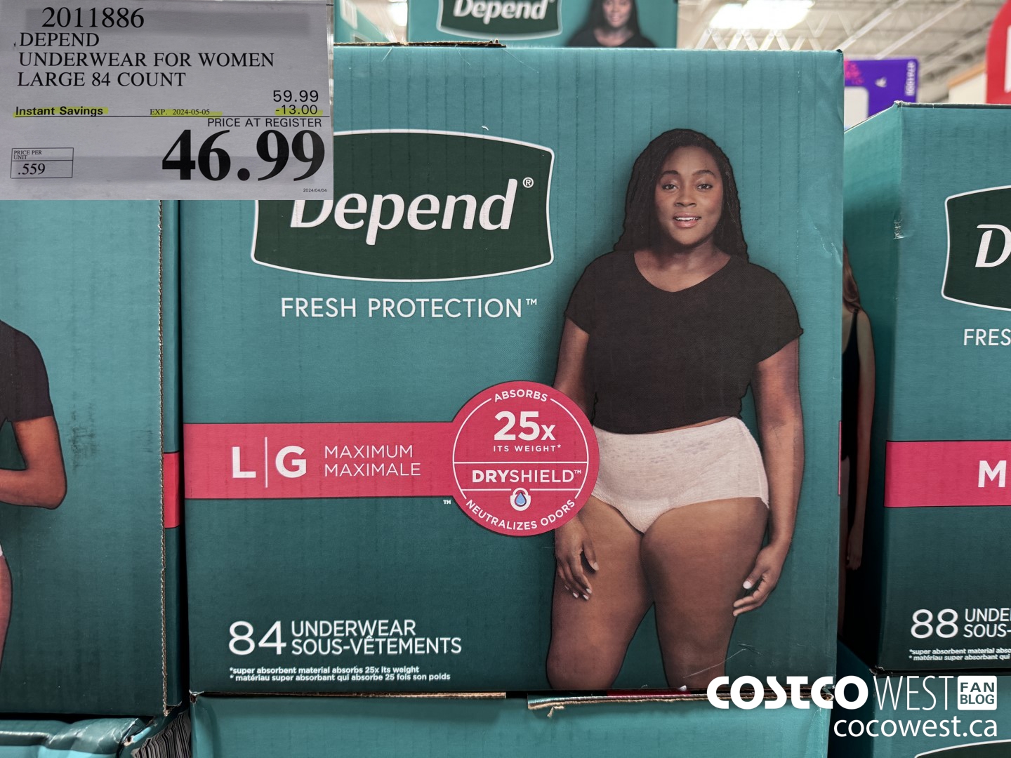 2011886 DEPEND UNDERWEAR FOR WOMEN LARGE 84 COUNT ($13.00 INSTANT SAVINGS EXPIRES ON 2024-05-05) $46.99