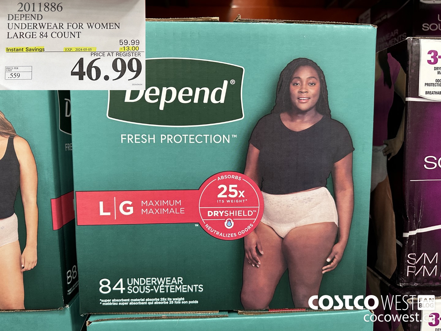 2011886 DEPEND UNDERWEAR FOR WOMEN LARGE 84 COUNT ($13.00 INSTANT SAVINGS EXPIRES ON 2024-05-05) $46.99
