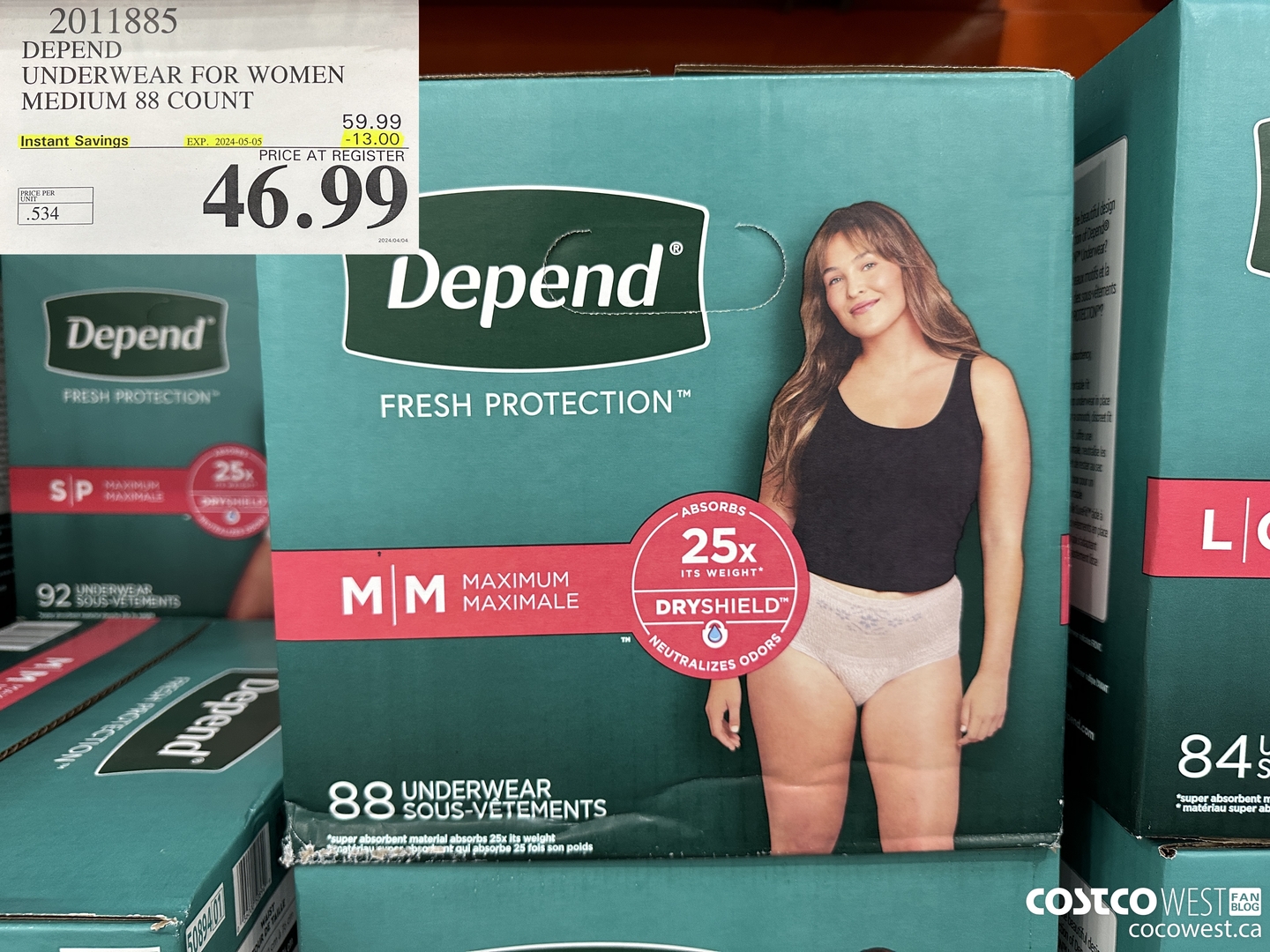 2011885 DEPEND UNDERWEAR FOR WOMEN MEDIUM 88 COUNT ($13.00 INSTANT SAVINGS EXPIRES ON 2024-05-05) $46.99