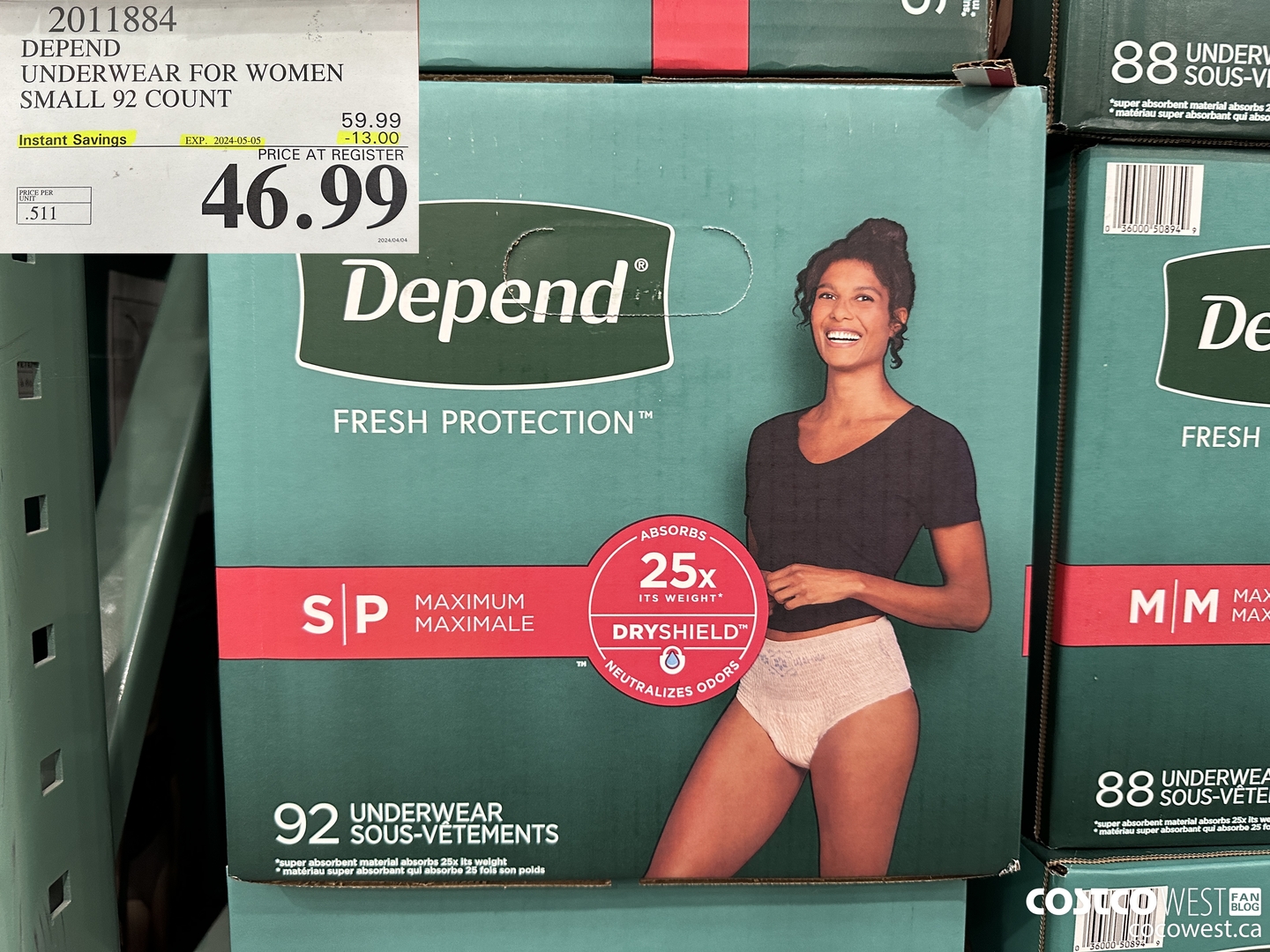 2011884 DEPEND UNDERWEAR FOR WOMEN SMALL 92 COUNT ($13.00 INSTANT SAVINGS EXPIRES ON 2024-05-05) $46.99