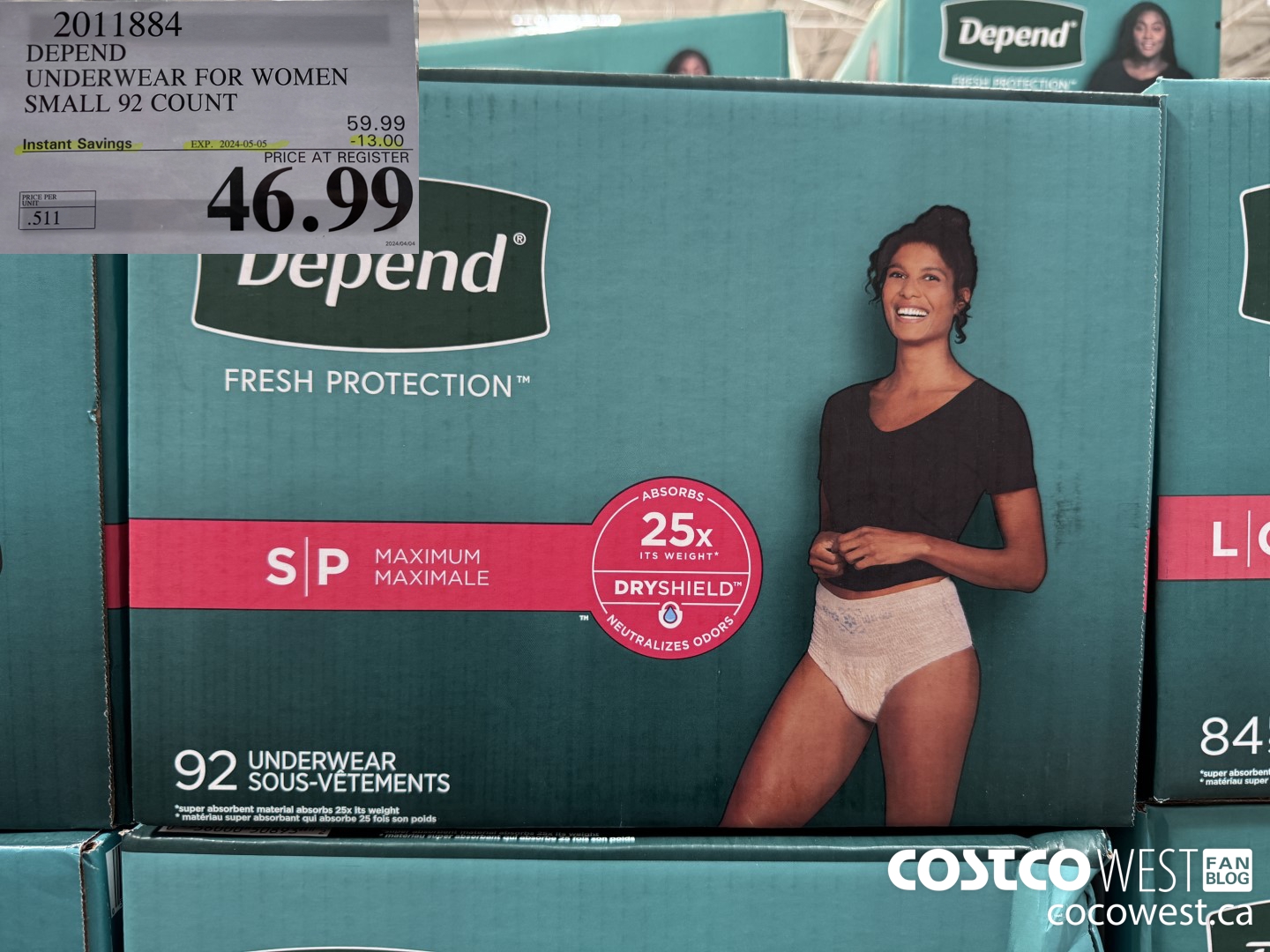 2011884 DEPEND UNDERWEAR FOR WOMEN SMALL 92 COUNT ($13.00 INSTANT SAVINGS EXPIRES ON 2024-05-05) $46.99