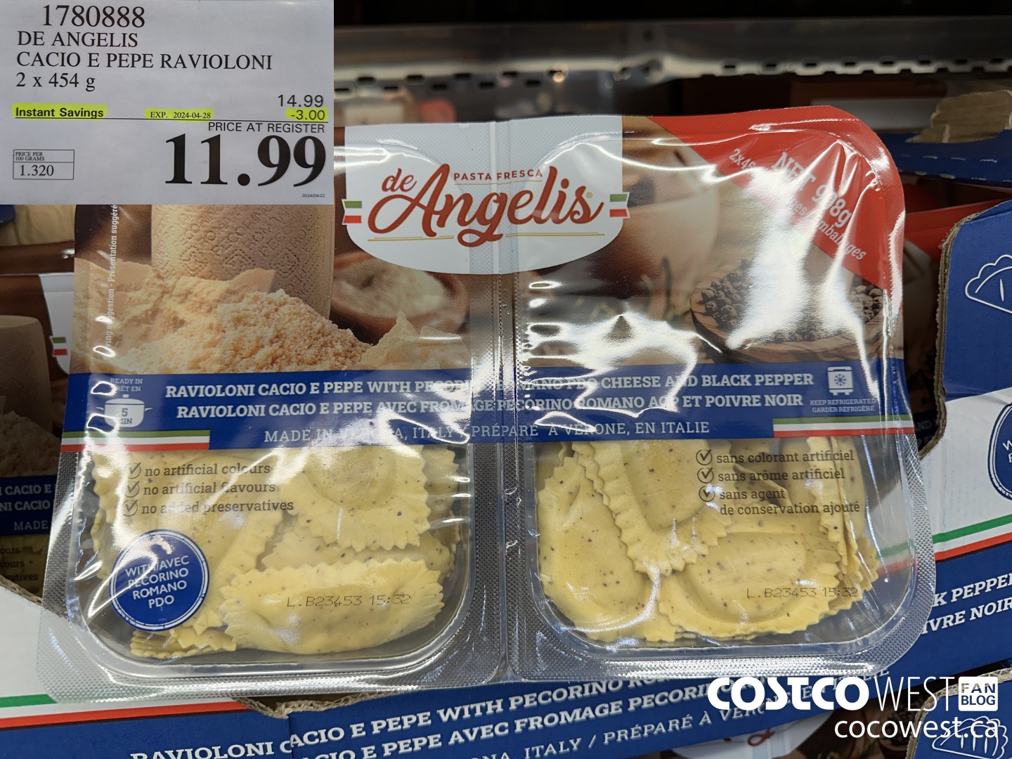 1780888 DE ANGELIS CACIO E PEPE RAVIOLONI 2 X 454 G ($3.00 INSTANT SAVINGS EXPIRES ON 2024-04-28) $11.99