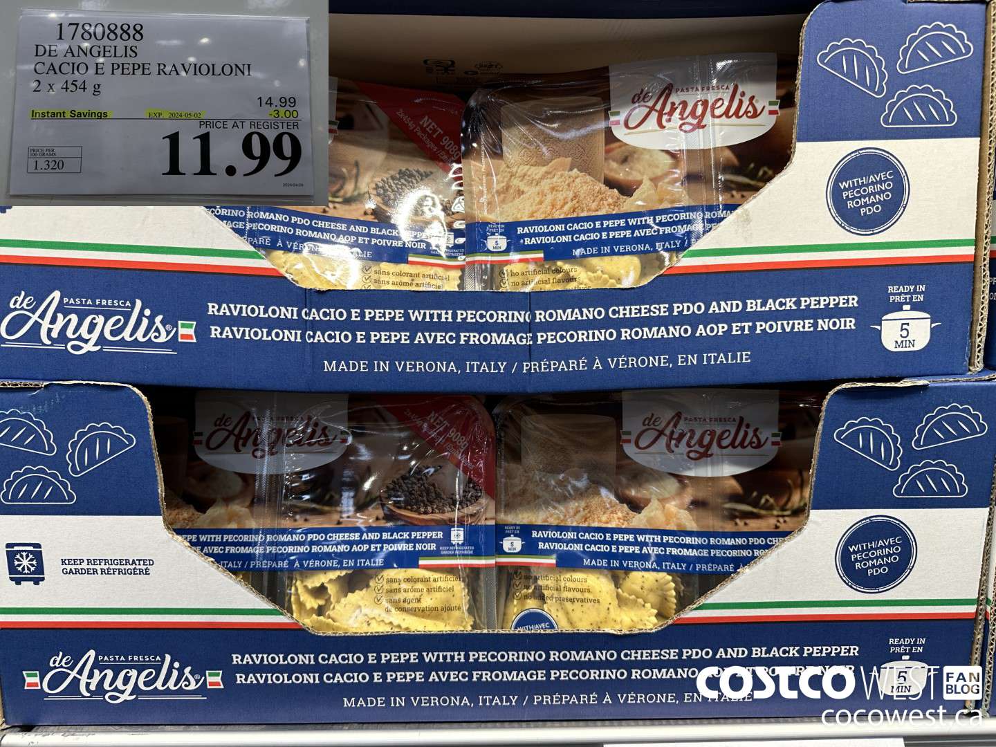 1780888 DE ANGELIS CACIO E PEPE RAVIOLONI 2 X 454 G ($3.00 INSTANT SAVINGS EXPIRES ON 2024-05-02) $11.99