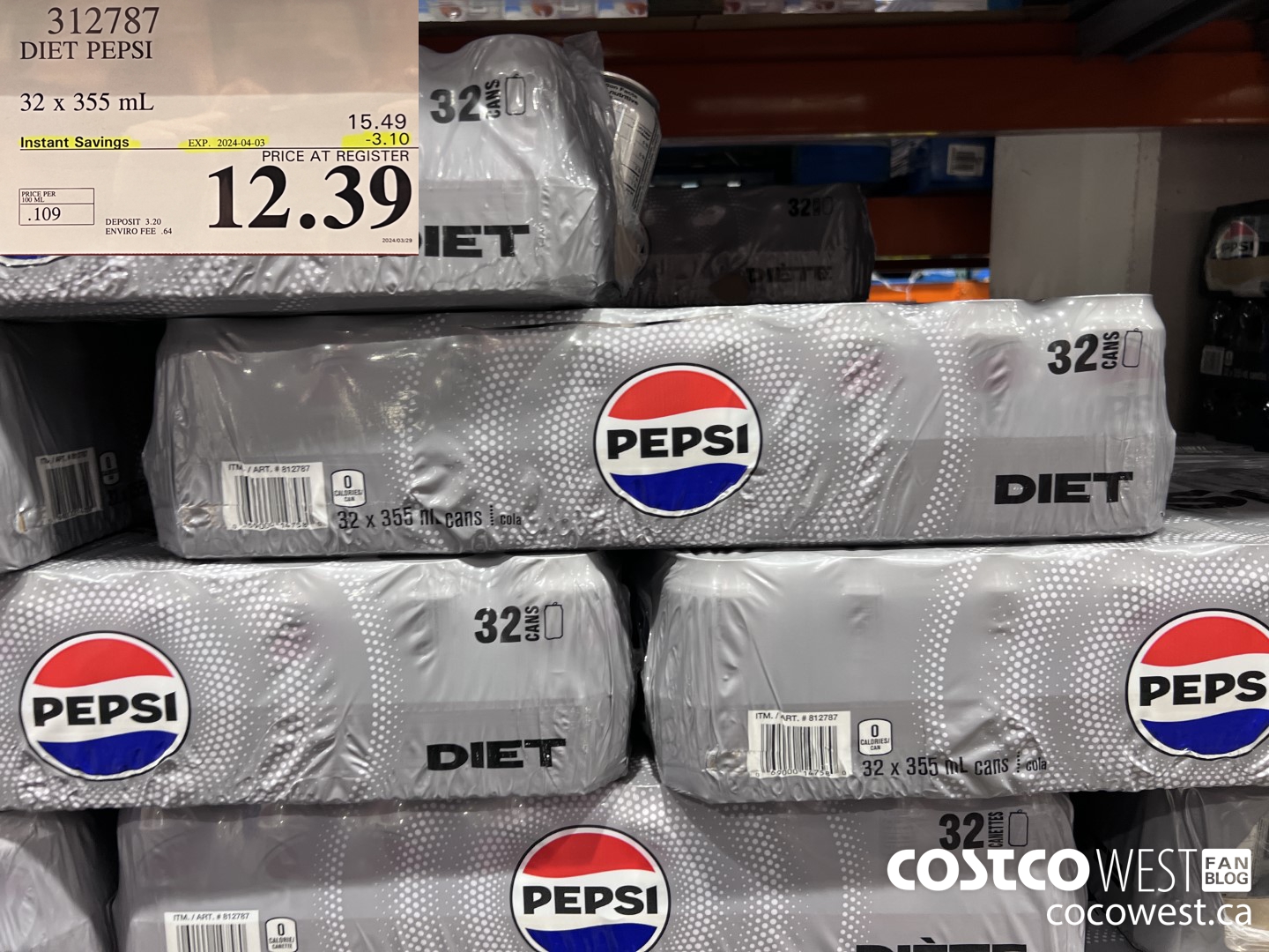 312787 DIET PEPSI 32 X 355 ML ($3.10 INSTANT SAVINGS EXPIRES ON 2024-04-03) $12.39