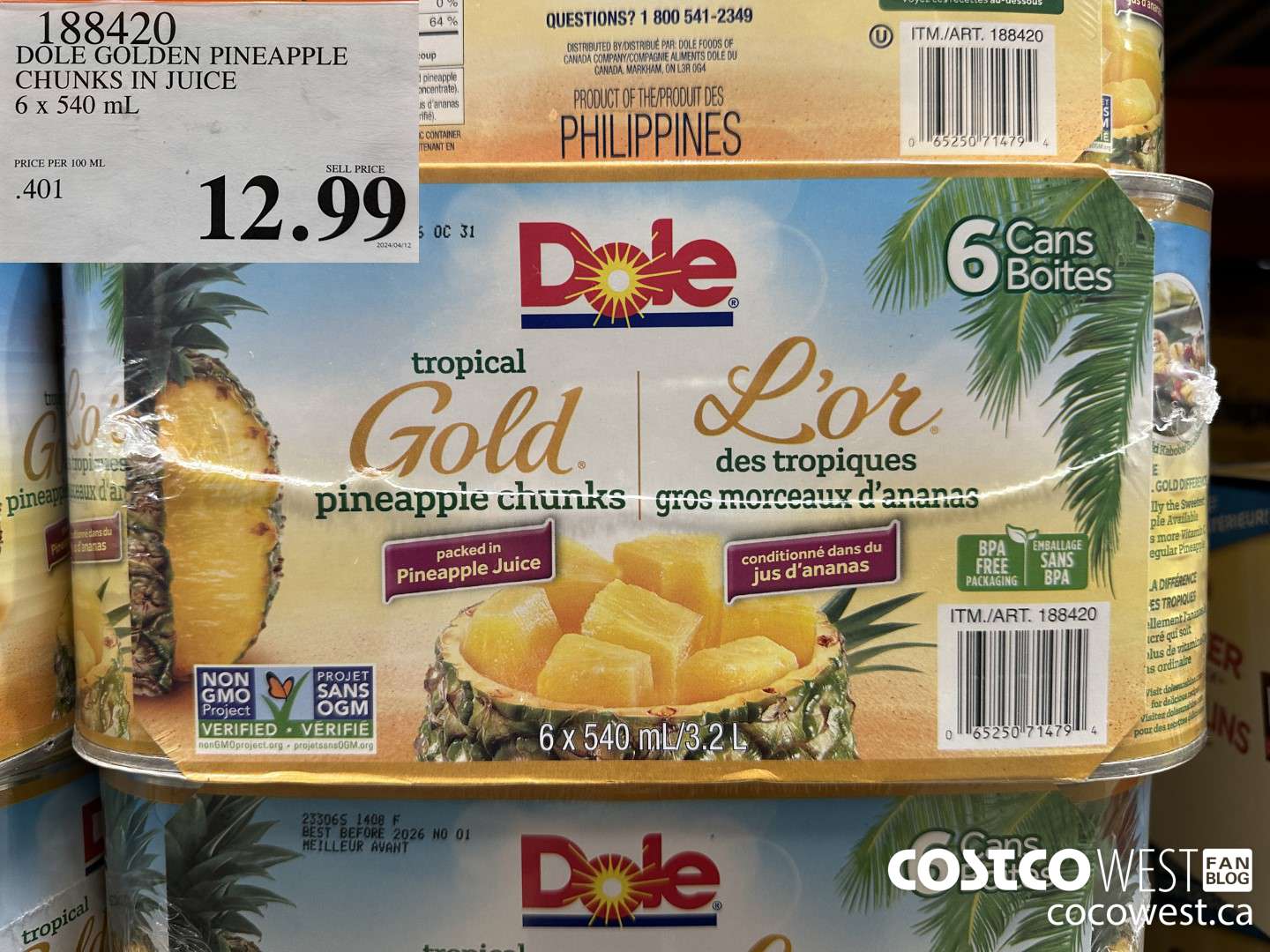 188420 DOLE GOLDEN PINEAPPLE CHUNKS IN JUICE 6 x 540 mL $12.99