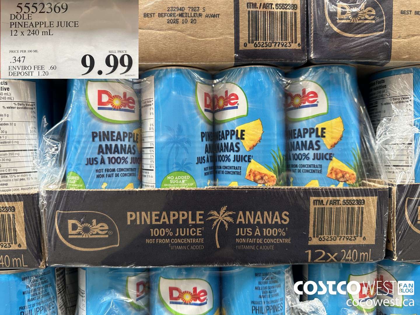 5552369 DOLE PINEAPPLE JUICE 12 X 240 ML $9.99