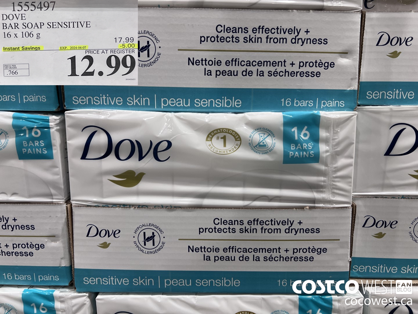 1555497 DOVE BAR SOAP SENSITIVE SKIN 16 x 106 g ($5.00 INSTANT SAVINGS EXPIRES ON 2024-04-07) $12.99
