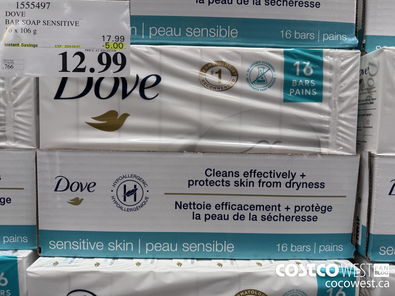 1555497 DOVE BAR SOAP SENSITIVE SKIN 16 x 106 g ($5.00 INSTANT SAVINGS EXPIRES ON 2024-04-07) $12.99