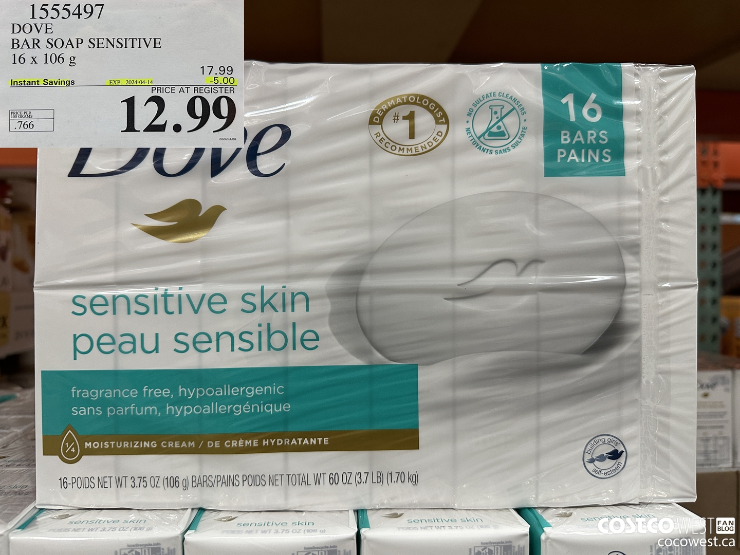 1555497 DOVE BAR SOAP SENSITIVE SKIN 16 x 106 g ($5.00 INSTANT SAVINGS EXPIRES ON 2024-04-14) $12.99