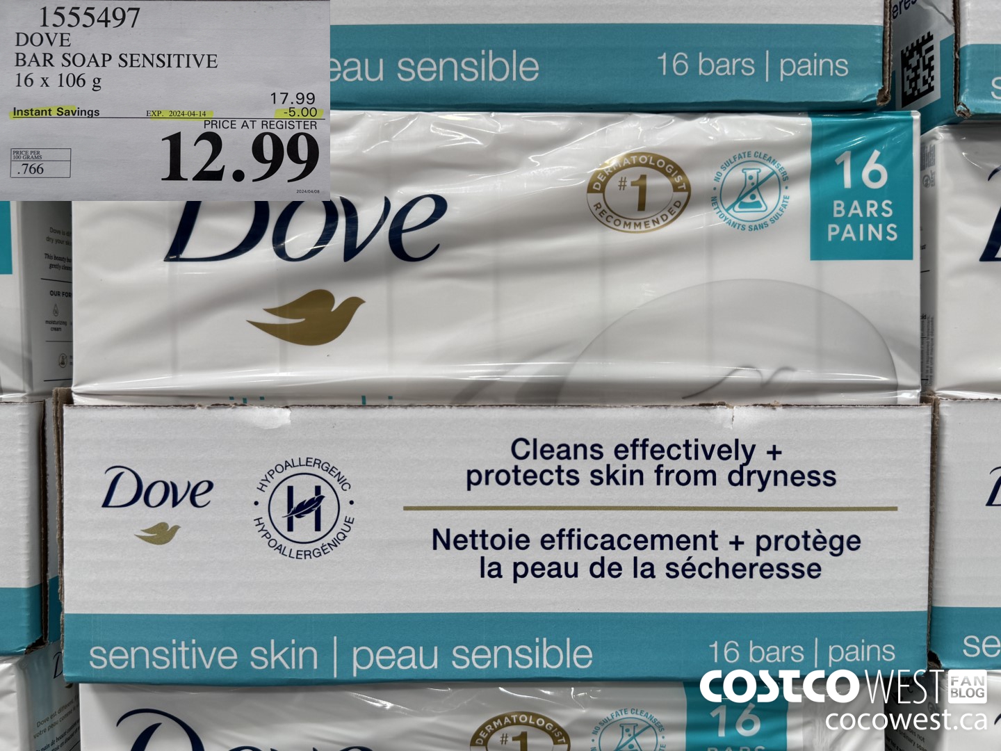 1555497 DOVE BAR SOAP SENSITIVE SKIN 16 x 106 g ($5.00 INSTANT SAVINGS EXPIRES ON 2024-04-14) $12.99