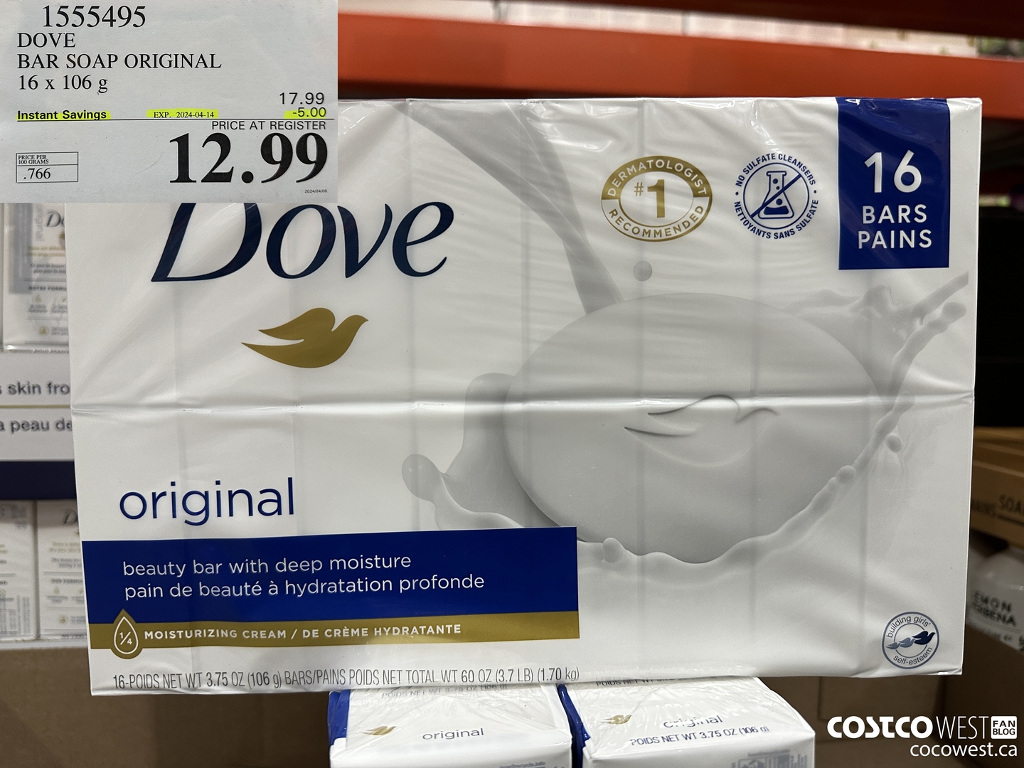 1555495 DOVE BAR SOAP WHITE 16 x 106 g ($5.00 INSTANT SAVINGS EXPIRES ON 2024-04-14) $12.99