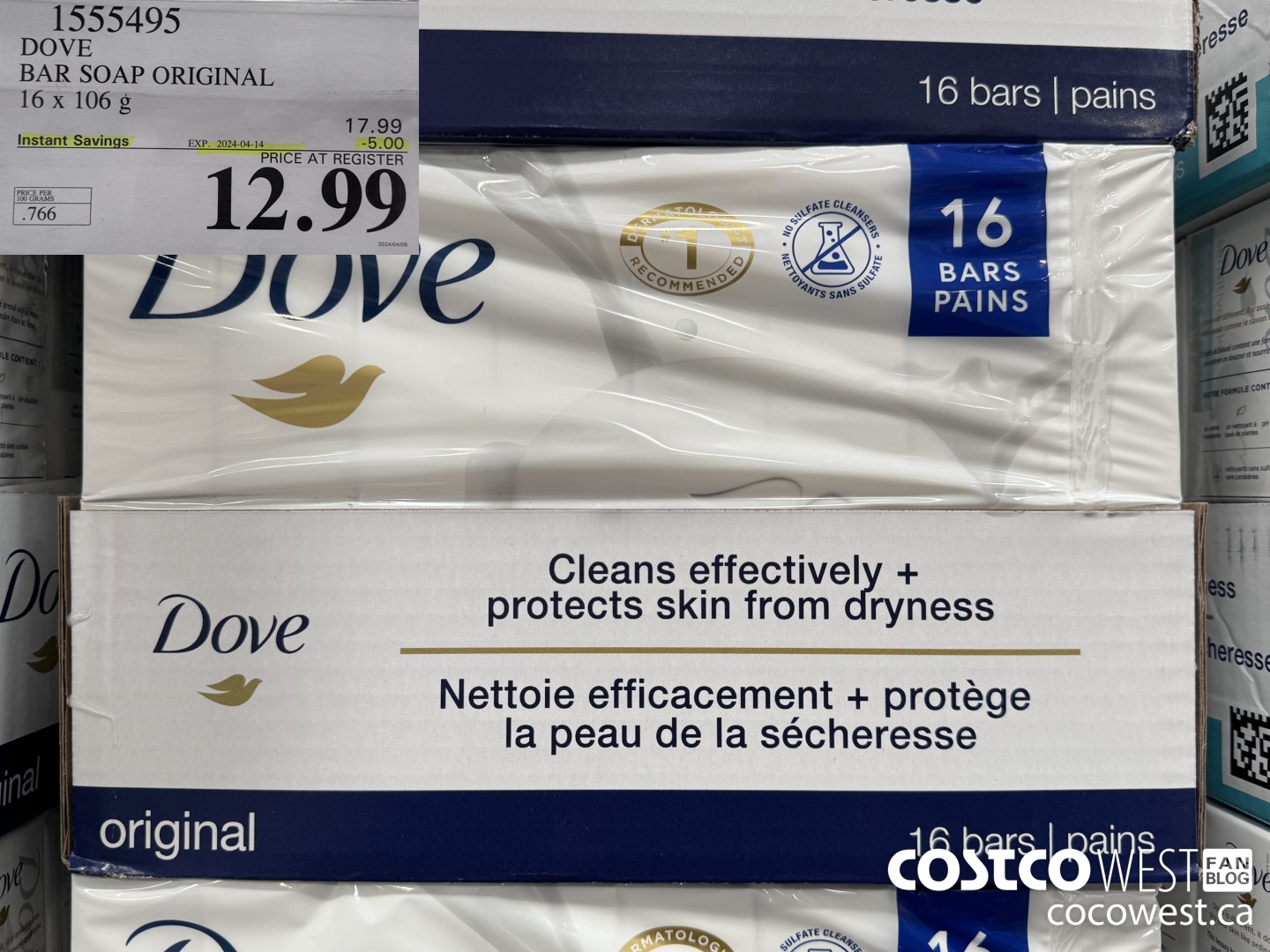 1555495 DOVE BAR SOAP WHITE 16 x 106 g ($5.00 INSTANT SAVINGS EXPIRES ON 2024-04-14) $12.99