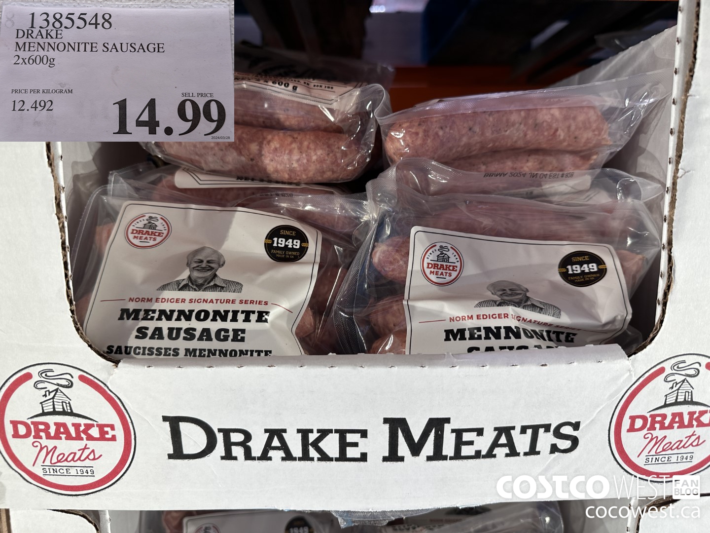 1385548 DRAKE MENNONITE SAUSAGE 2X600G $14.99