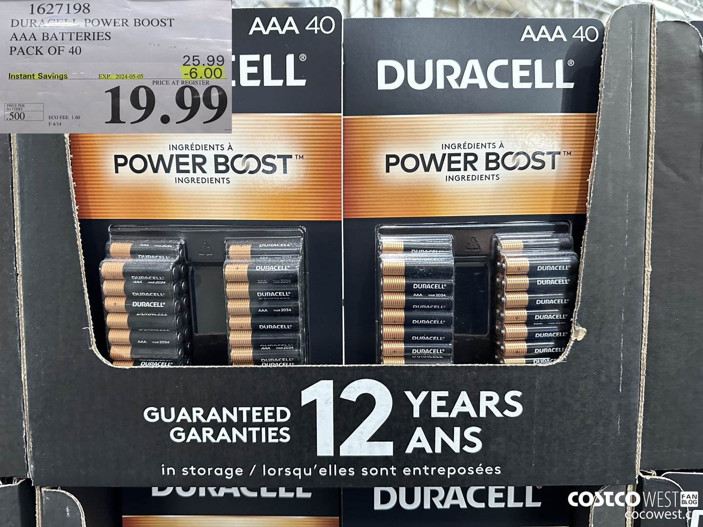 1627198 DURACELL POWER BOOST AAA BATTERIES PACK OF 40 ($6.00 INSTANT SAVINGS EXPIRES ON 2024-05-05) $19.99
