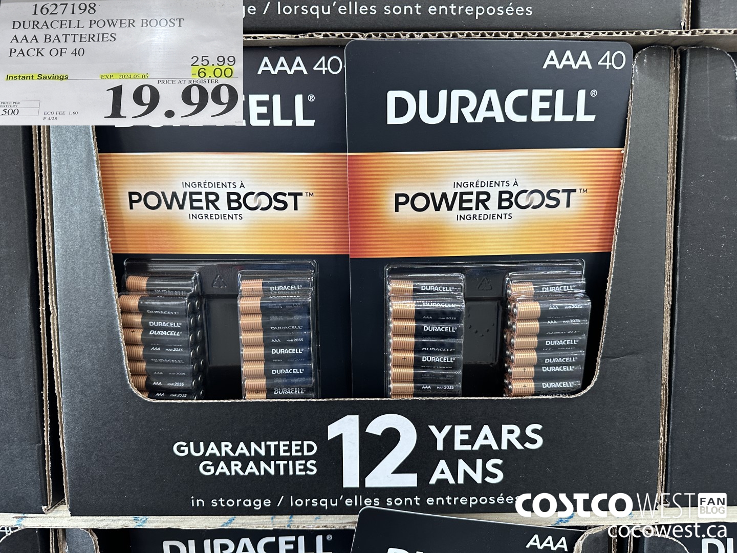 1627198 DURACELL POWER BOOST AAA BATTERIES PACK OF 40 ($6.00 INSTANT SAVINGS EXPIRES ON 2024-05-05) $19.99