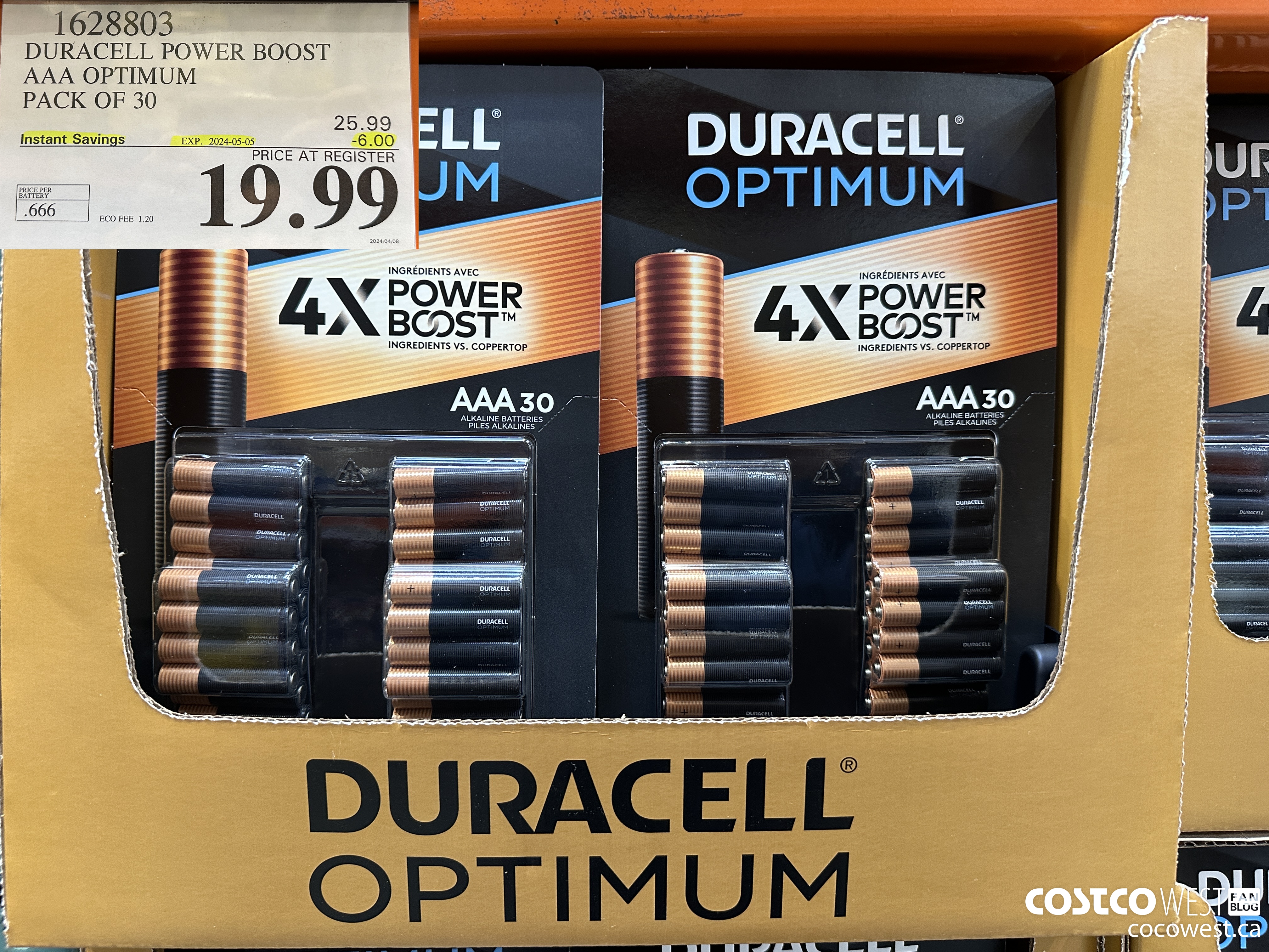 1628803 DURACELL POWER BOOST AAA OPTIMUM PACK OF 30 ($6.00 INSTANT SAVINGS EXPIRES ON 2024-05-05) $19.99